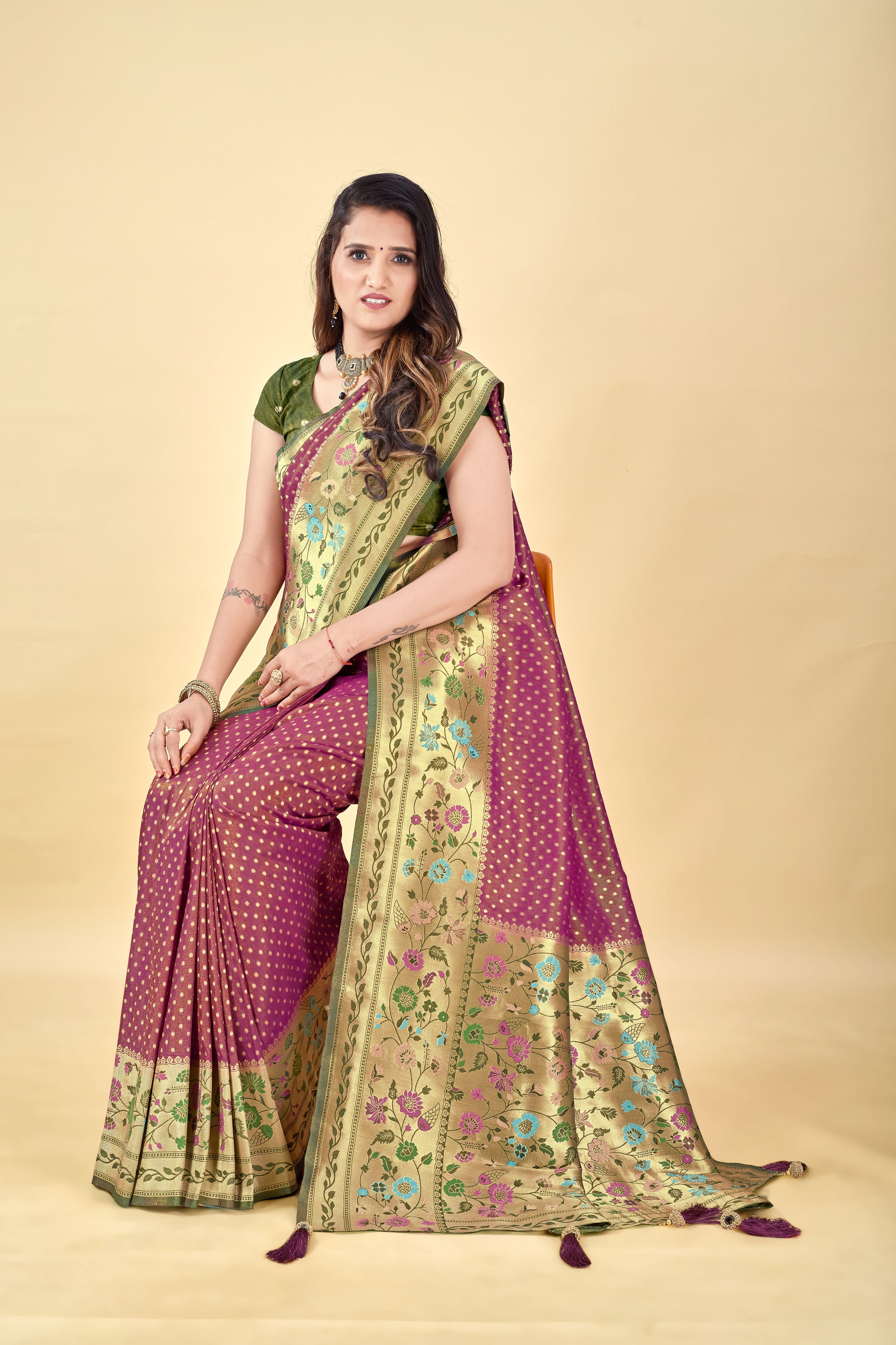 Wine Pure Tissue Viscose Paithani Silk Saree with Golden Zari Motifs