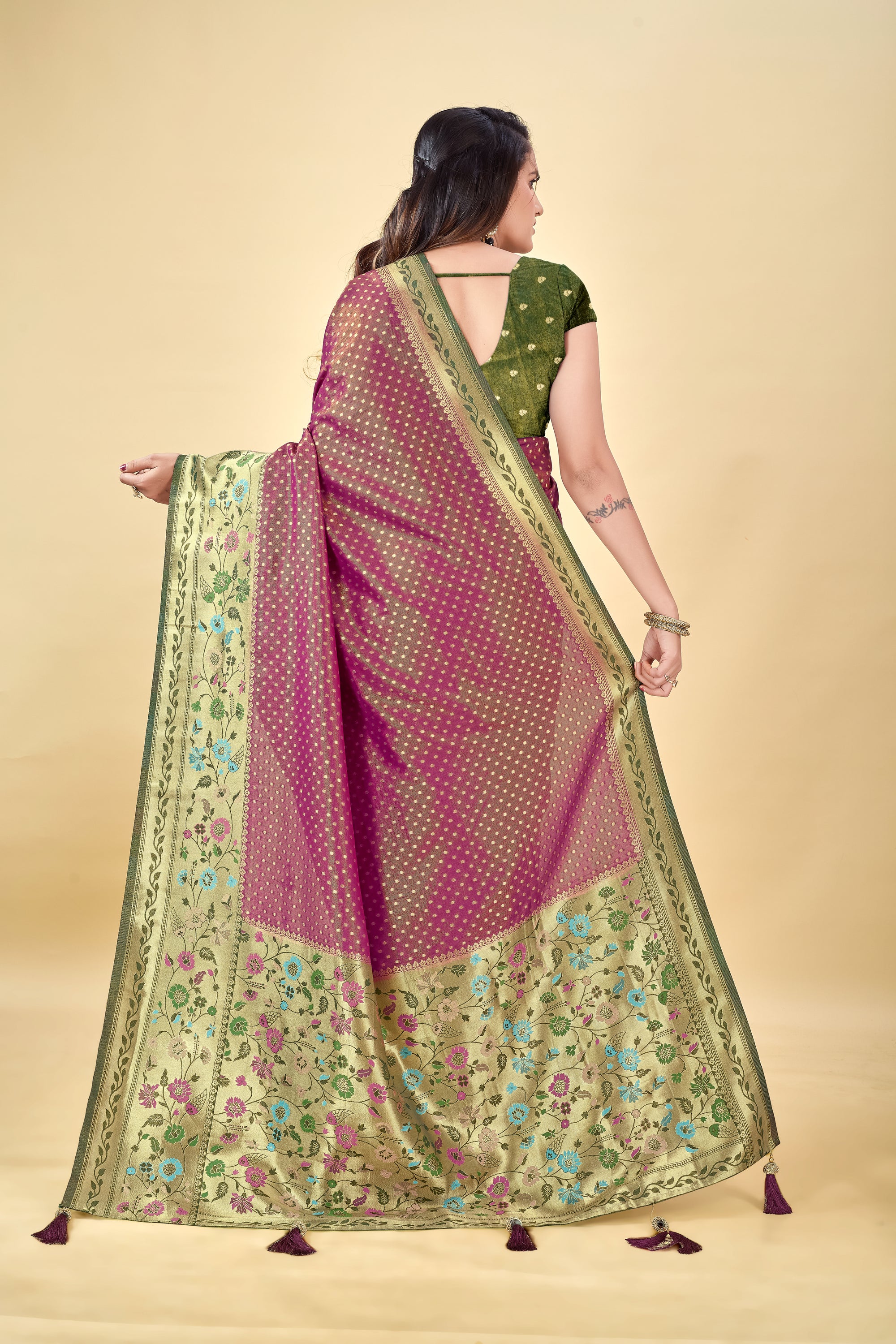 Wine Pure Tissue Viscose Paithani Silk Saree with Golden Zari Motifs