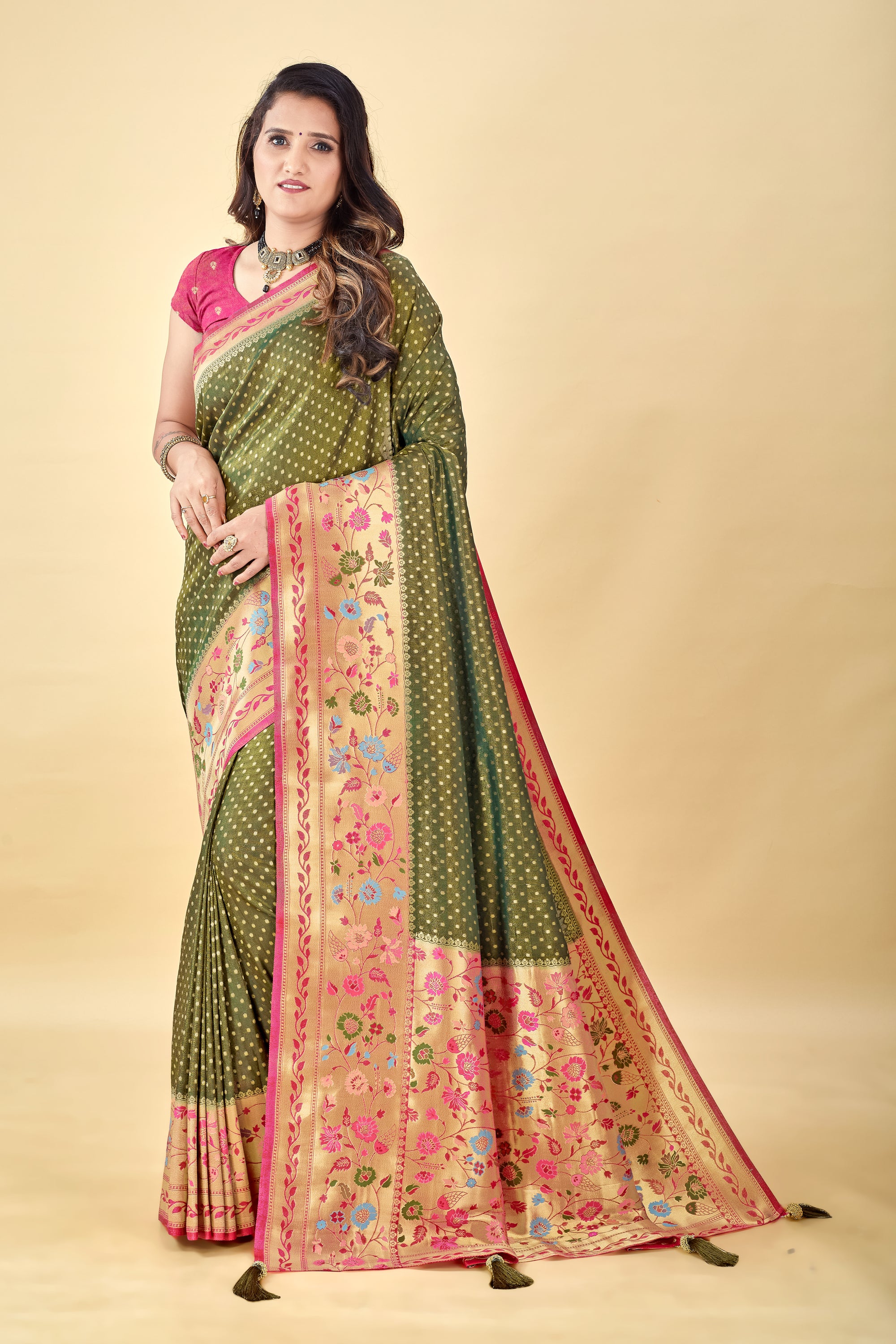 Mehendi Pure Tissue Viscose Paithani Silk Saree with Golden Zari Motifs