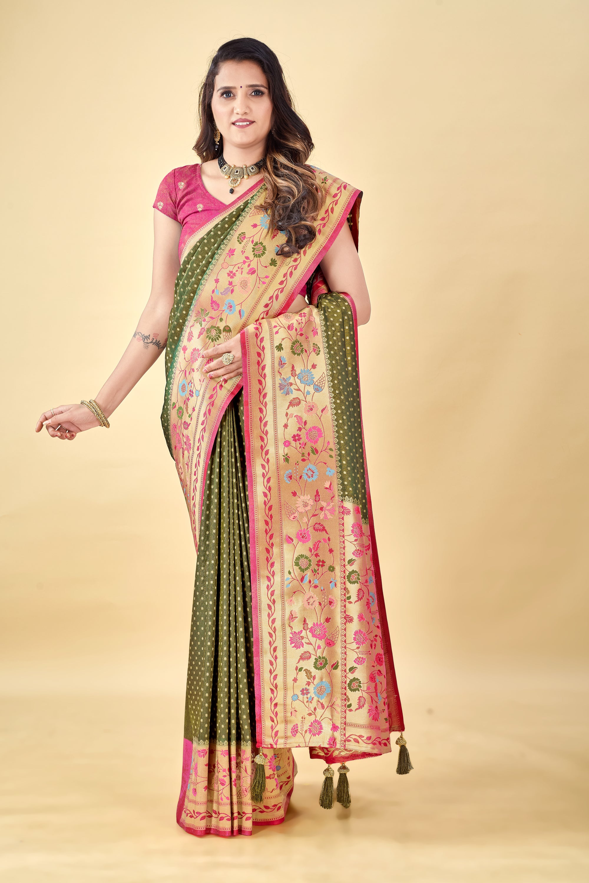 Mehendi Pure Tissue Viscose Paithani Silk Saree with Golden Zari Motifs