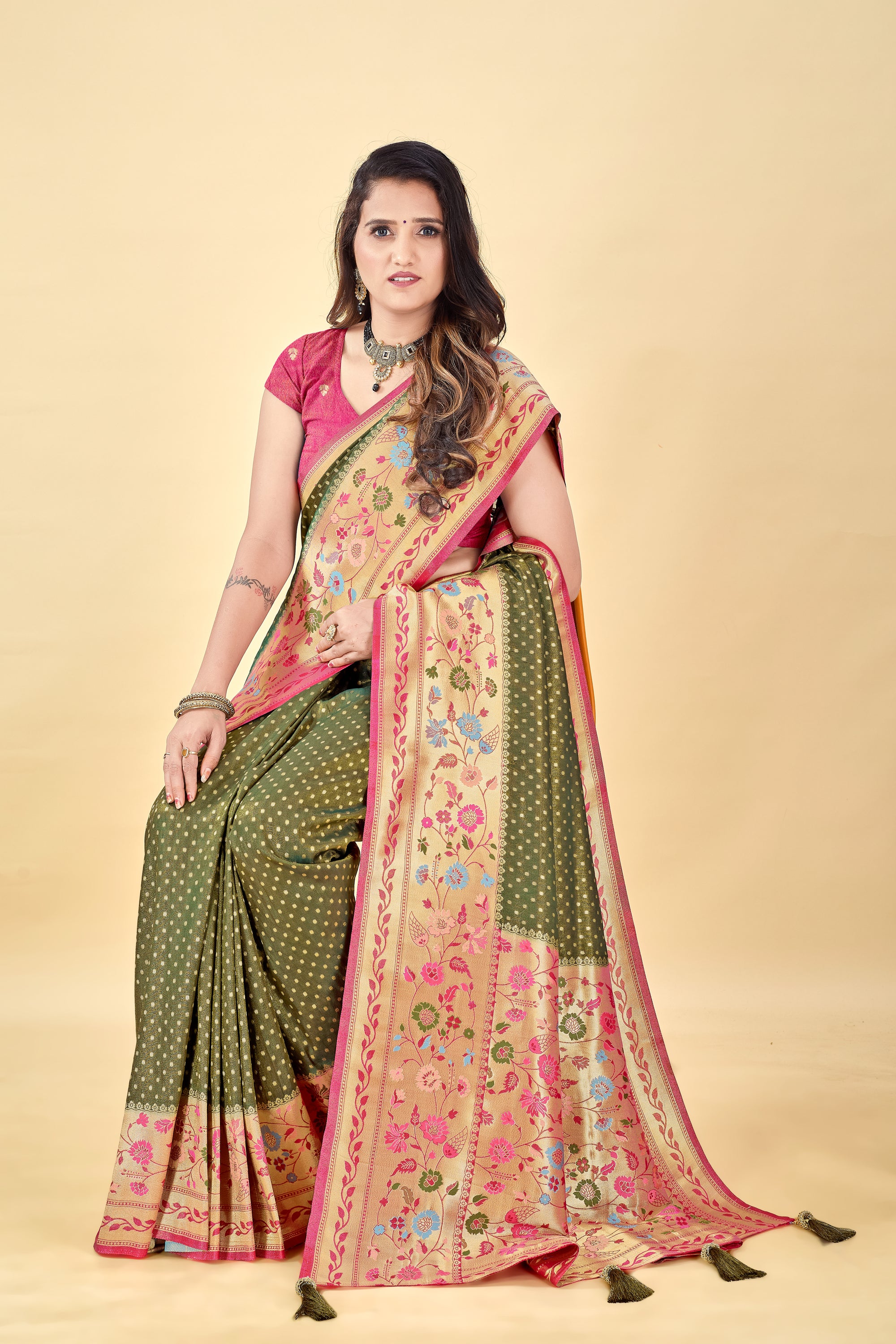 Mehendi Pure Tissue Viscose Paithani Silk Saree with Golden Zari Motifs