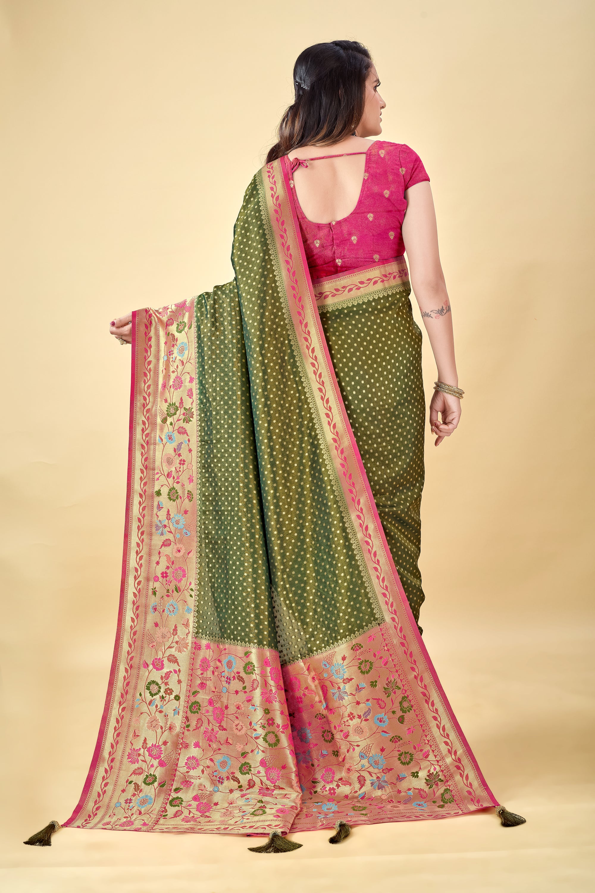 Mehendi Pure Tissue Viscose Paithani Silk Saree with Golden Zari Motifs