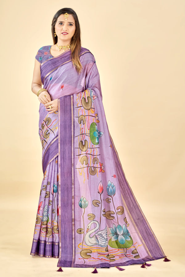 Lavender Soft Kota Silk Saree with Satin Border & Lotus Digital Prints