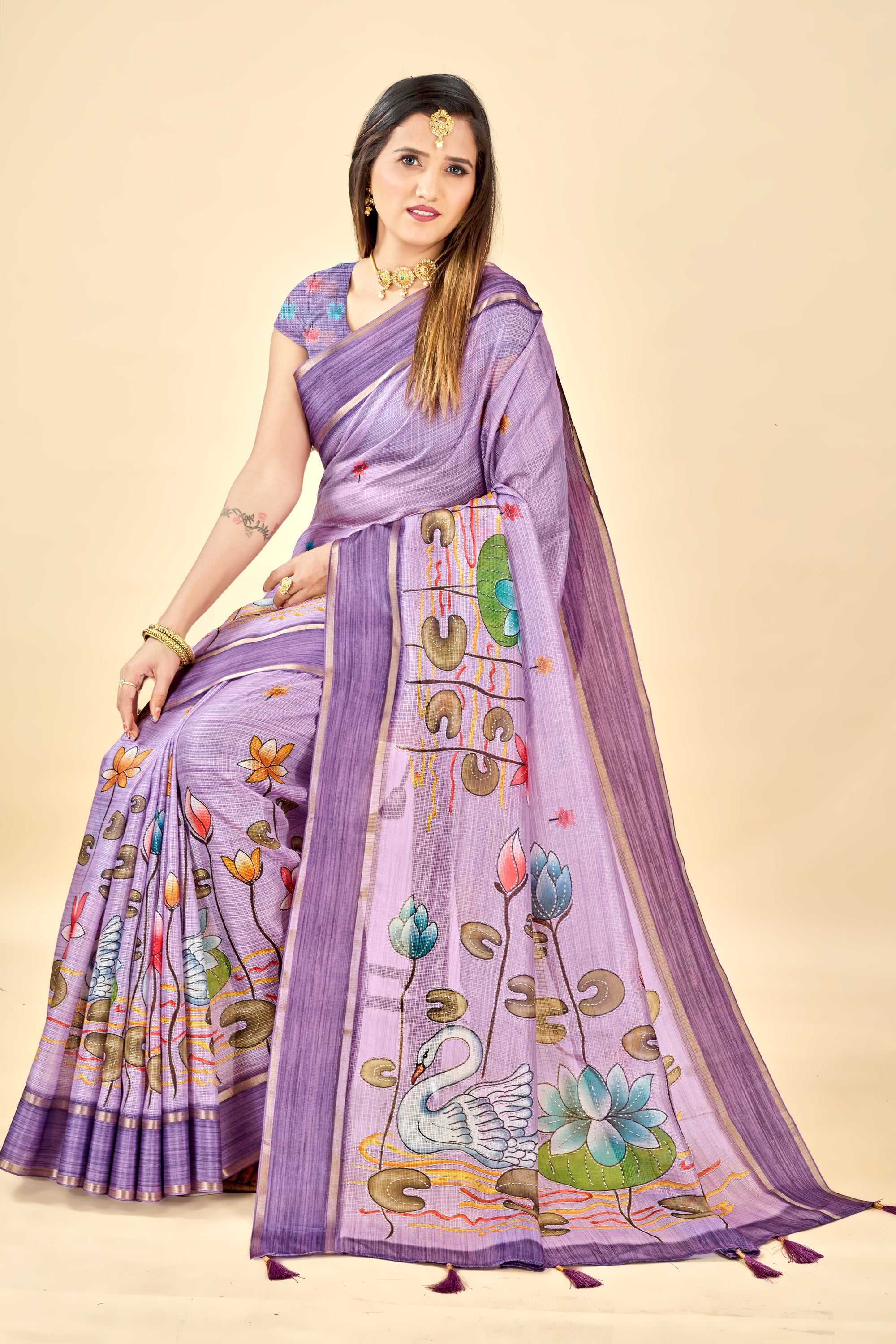Lavender Soft Kota Silk Saree with Satin Border & Lotus Digital Prints