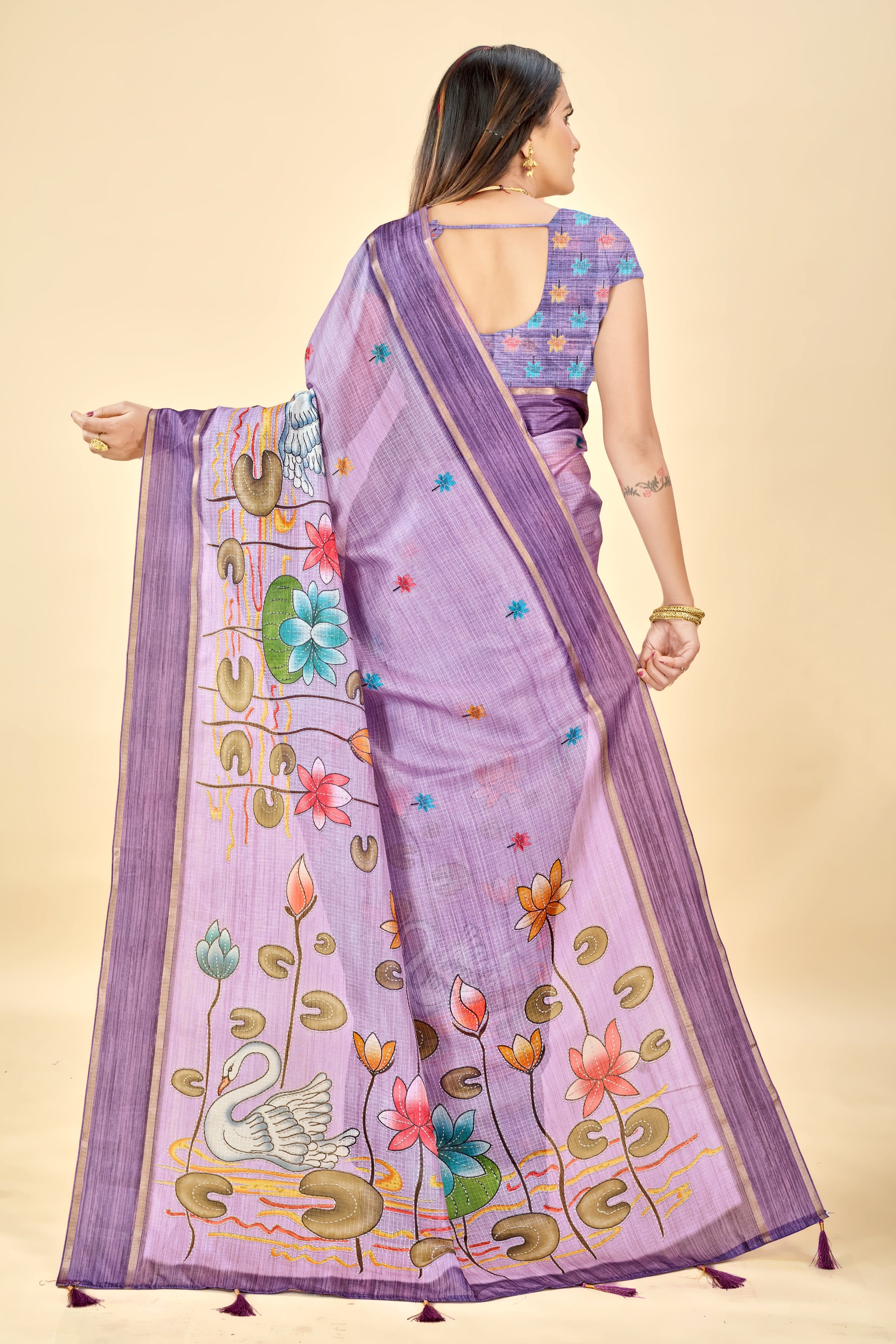 Lavender Soft Kota Silk Saree with Satin Border & Lotus Digital Prints