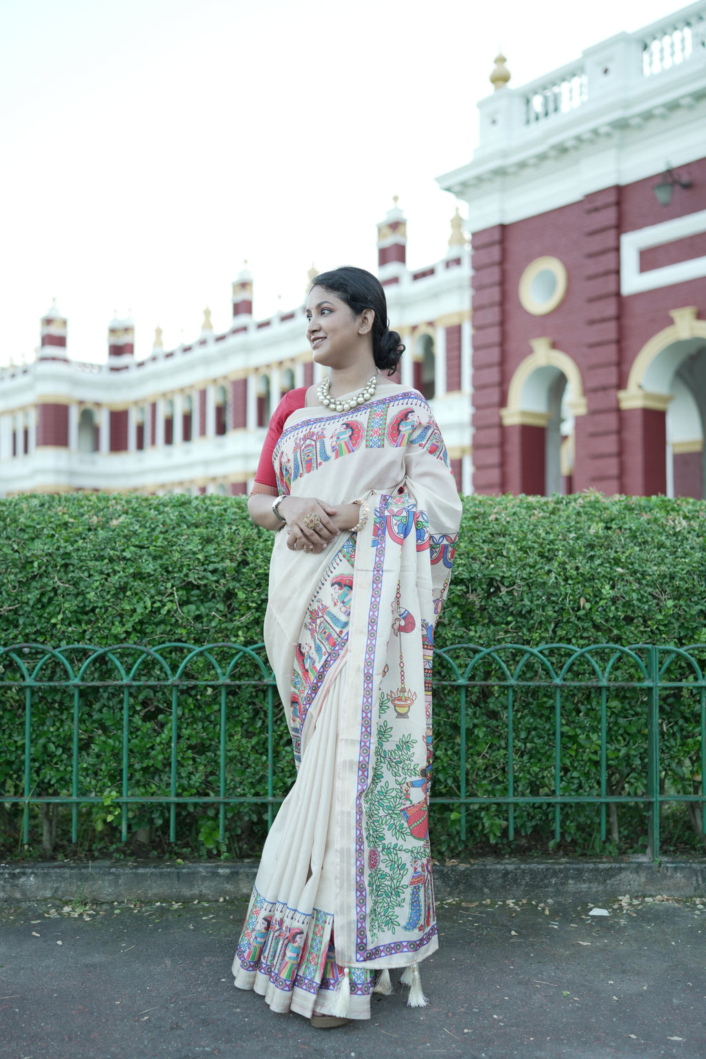 Cream Pure Tussar Silk Saree with Madhubani Digital Prints