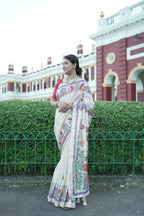 Cream Pure Tussar Silk Saree with Madhubani Digital Prints