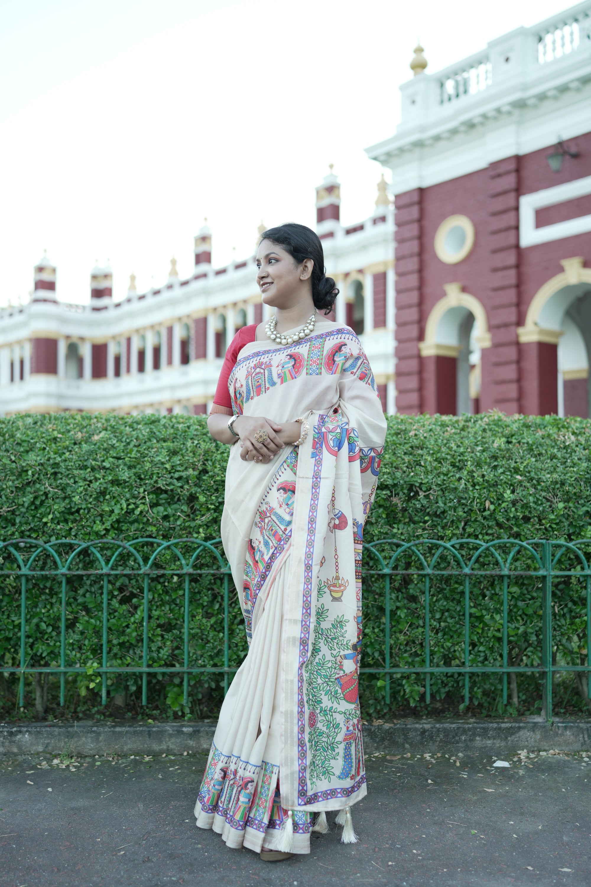 Cream Pure Tussar Silk Saree with Madhubani Digital Prints