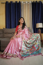 Pink Pure Tussar Silk Saree with Madhubani Digital Prints