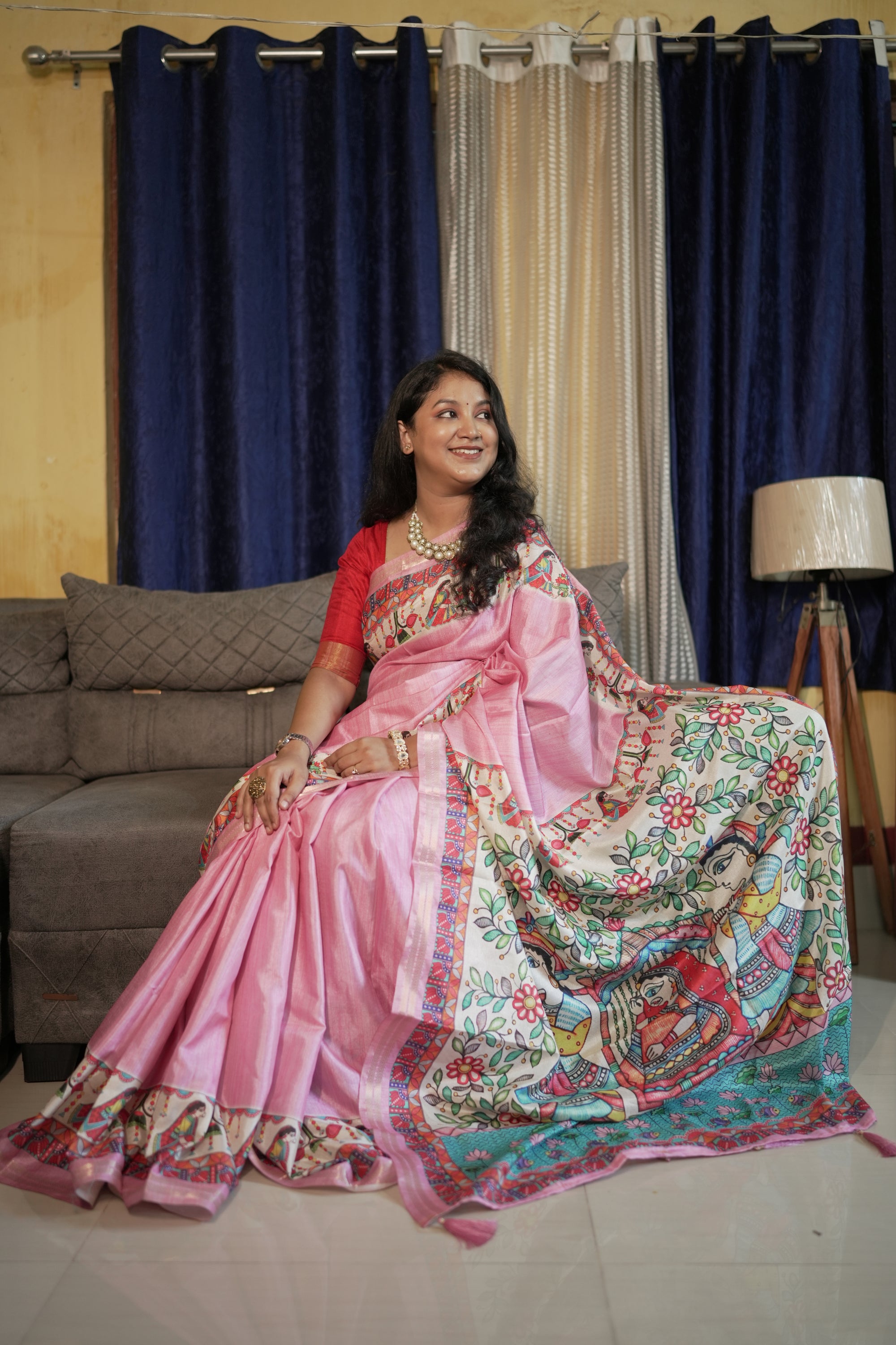 Pink Pure Tussar Silk Saree with Madhubani Digital Prints