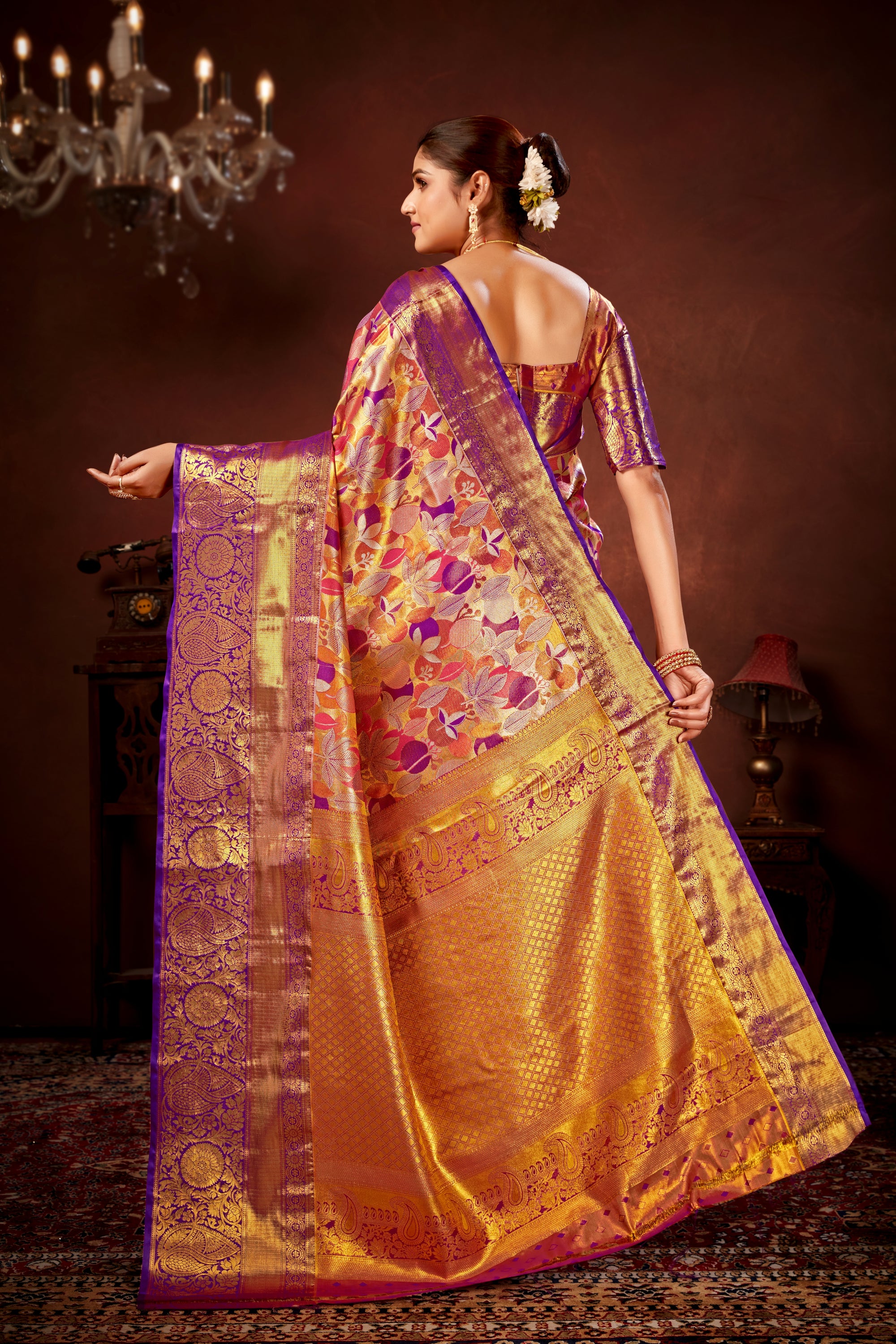 Purple Pure Dharamavaram Silk Saree with Meenakari Zari Weave & Contrast Rich Pallu