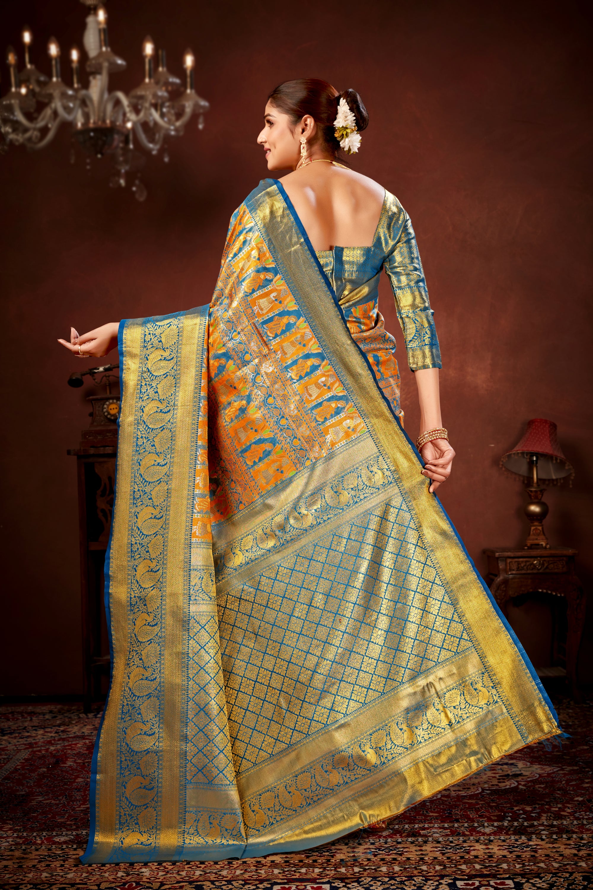 Mustard Pure Dharamavaram Silk Saree with Meenakari Zari Weave & Contrast Rich Pallu
