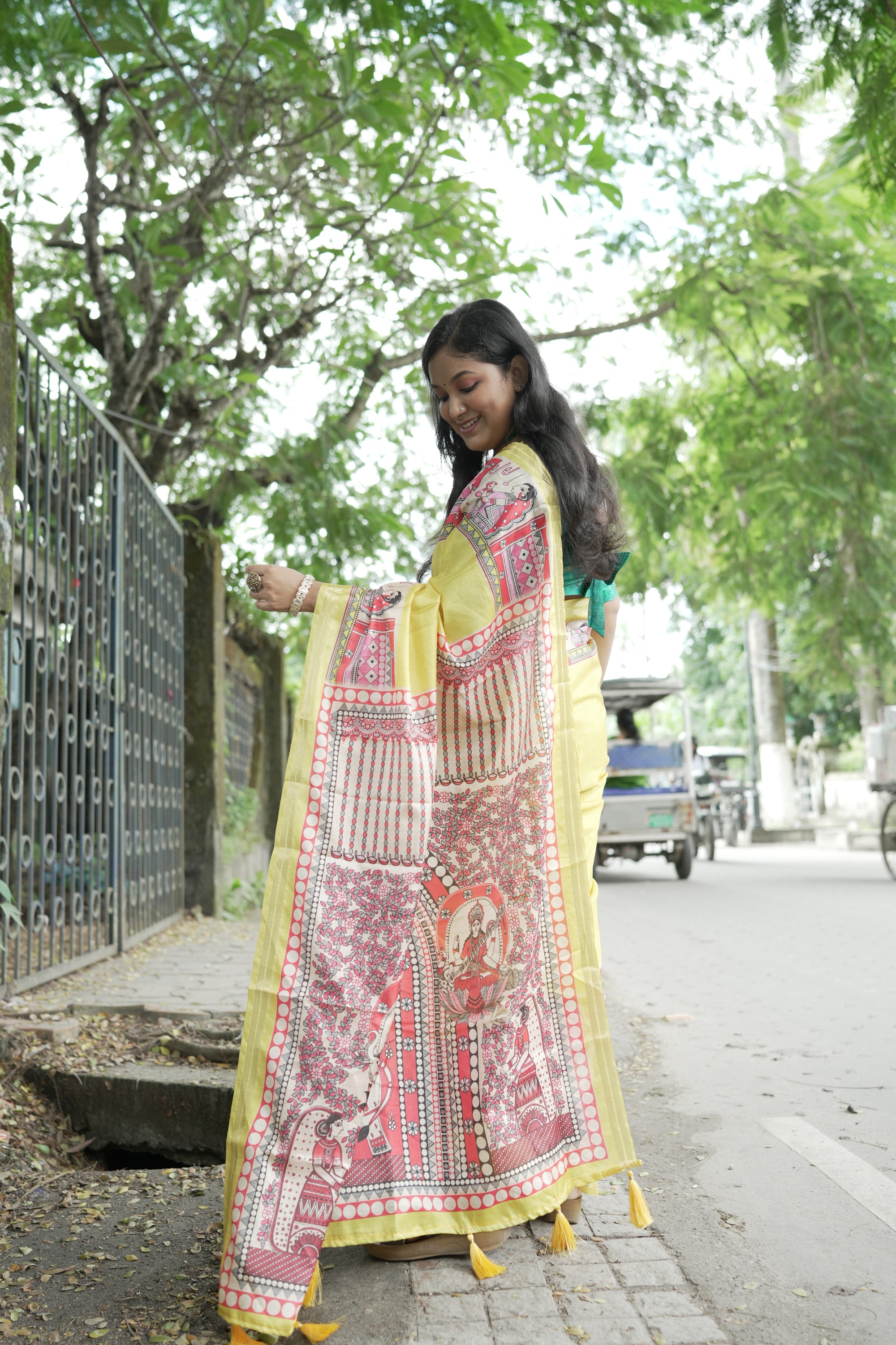 Yellow Pure Tussar Silk Saree with Madhubani Digital Prints