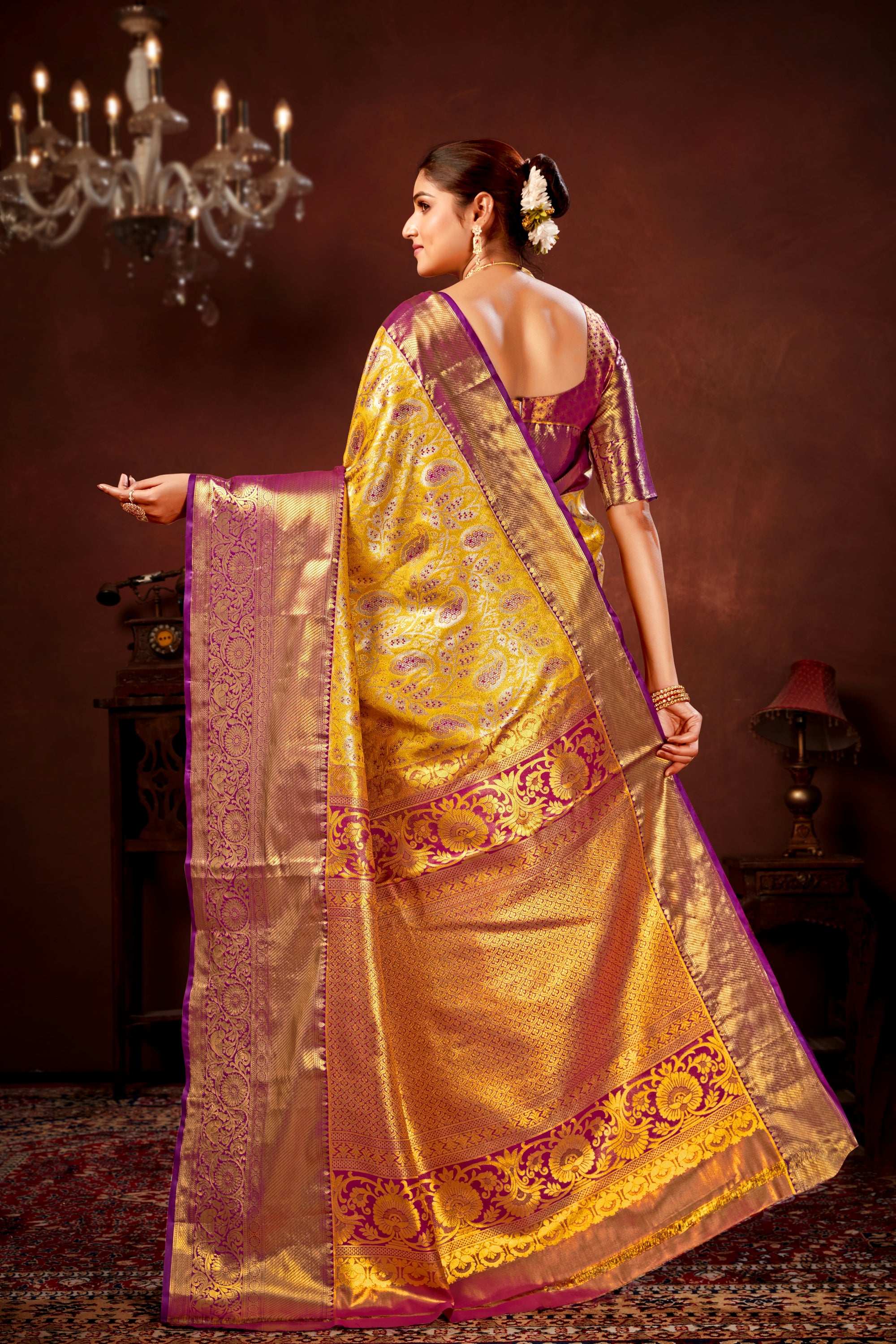 Gold Pure Dharamavaram Silk Saree with Meenakari Zari Weave & Contrast Rich Pallu