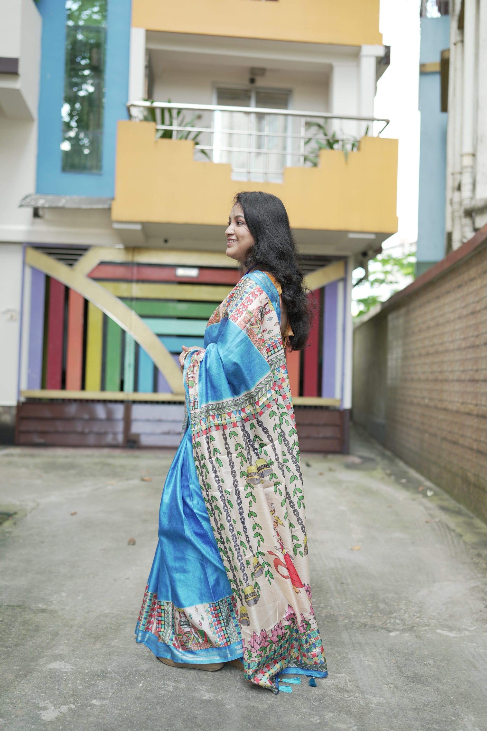 Blue Pure Tussar Silk Saree with Madhubani Digital Prints