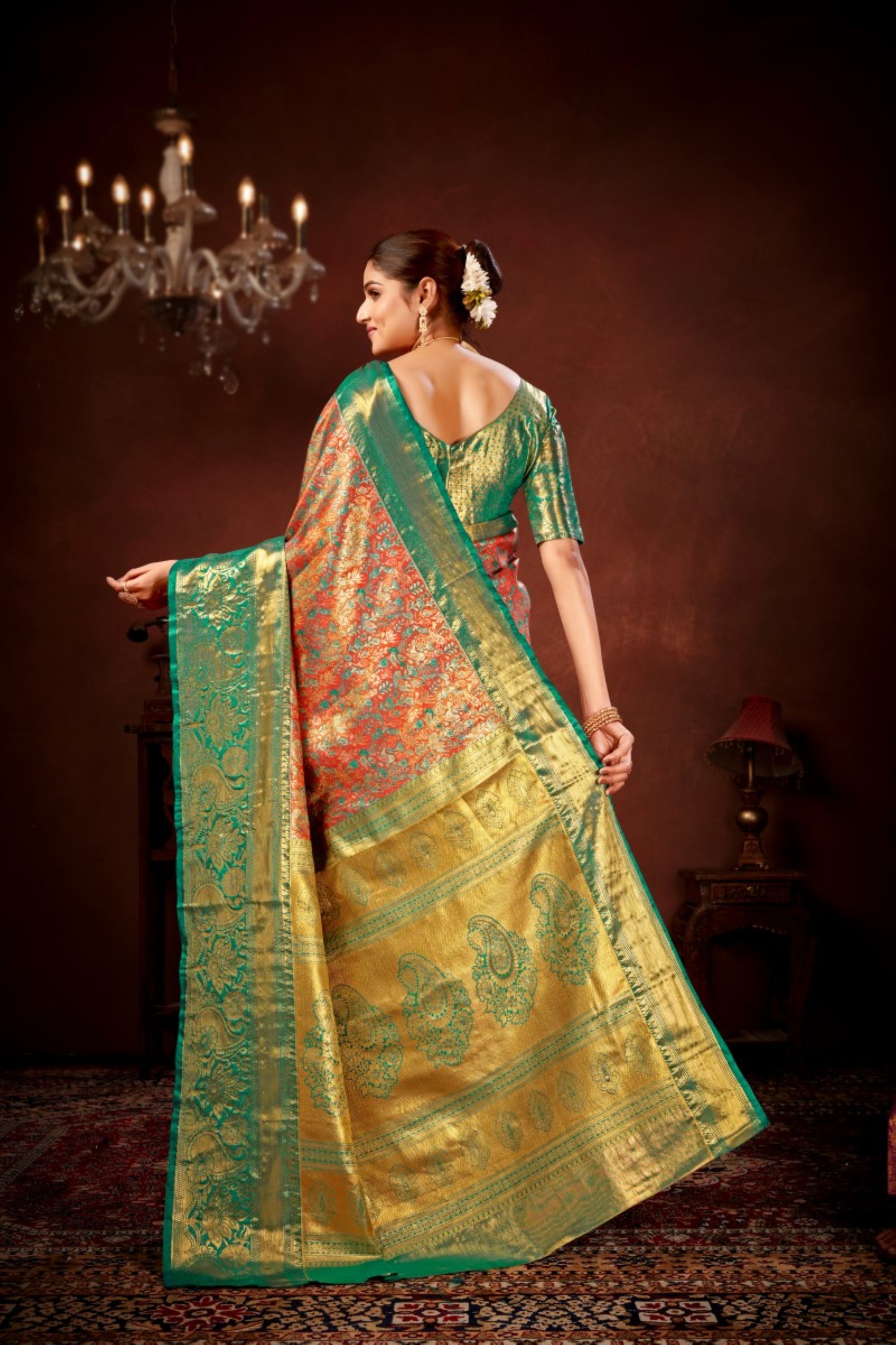 Rustic Orange Pure Dharamavaram Silk Saree with Meenakari Zari Weave & Contrast Rich Pallu