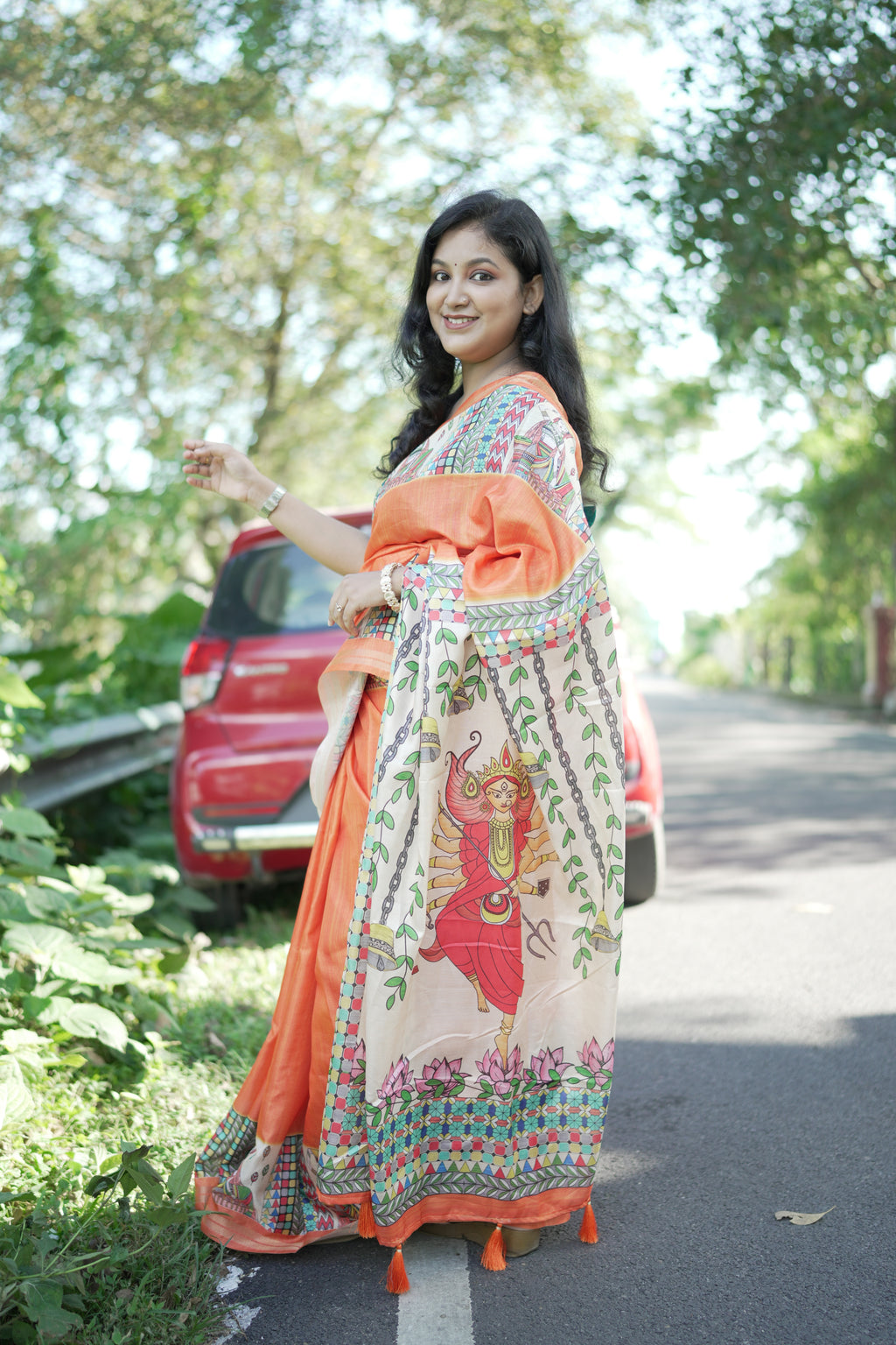 Orange Pure Tussar Silk Saree with Madhubani Digital Prints