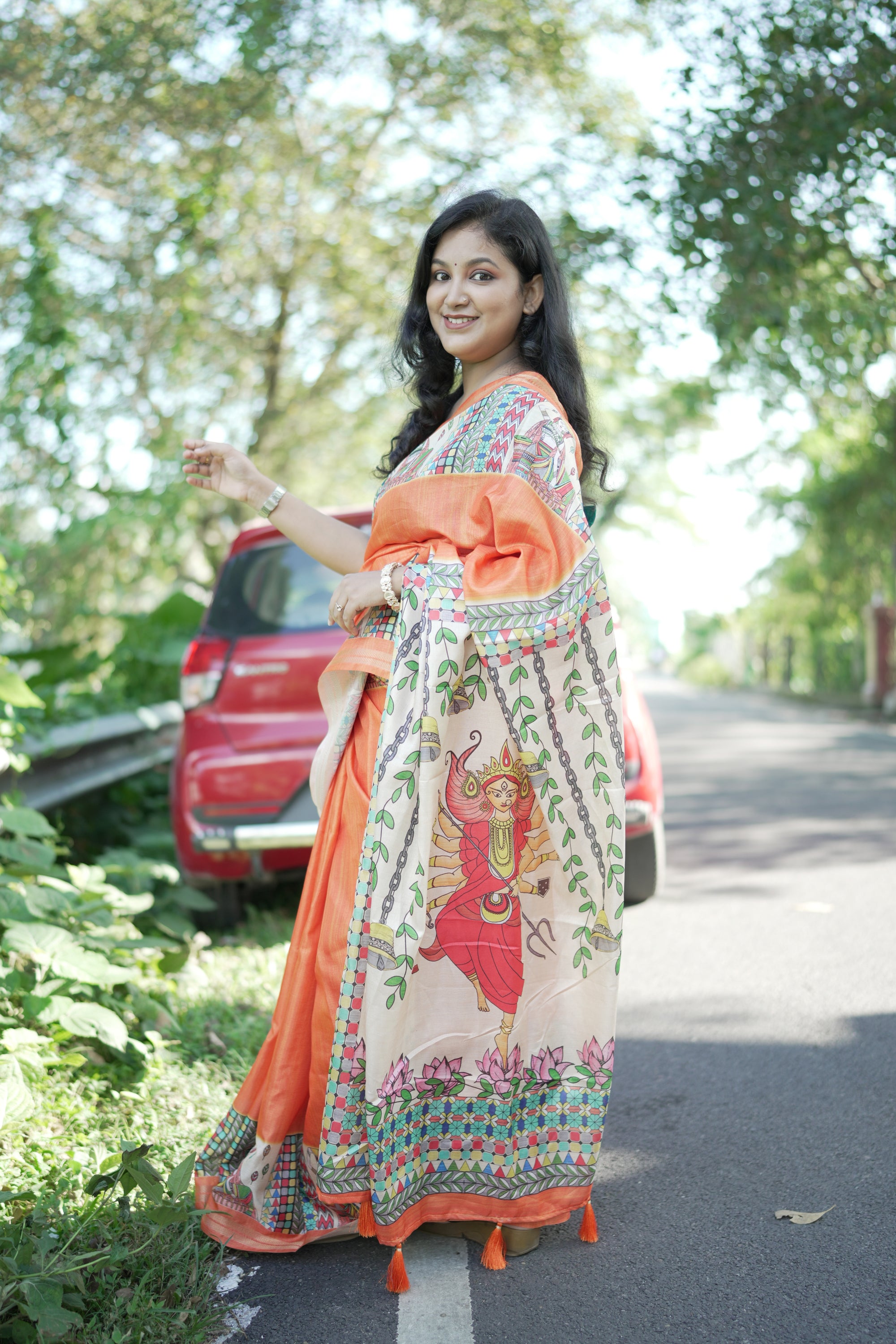 Orange Pure Tussar Silk Saree with Madhubani Digital Prints