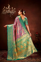 Magenta Pure Dharamavaram Silk Saree with Meenakari Zari Weave & Contrast Rich Pallu