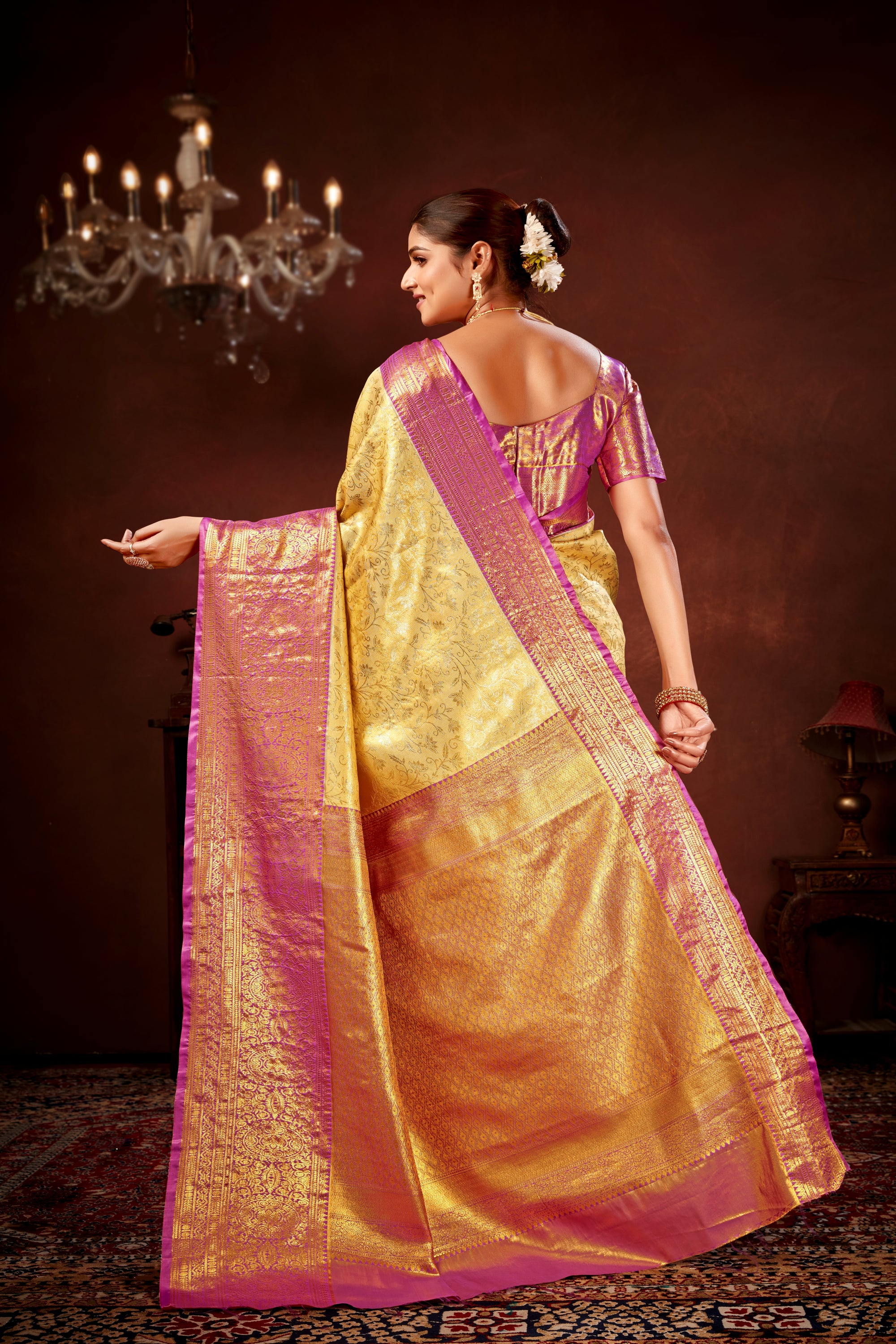 Cream Pure Dharamavaram Silk Saree with Meenakari Zari Weave & Contrast Rich Pallu