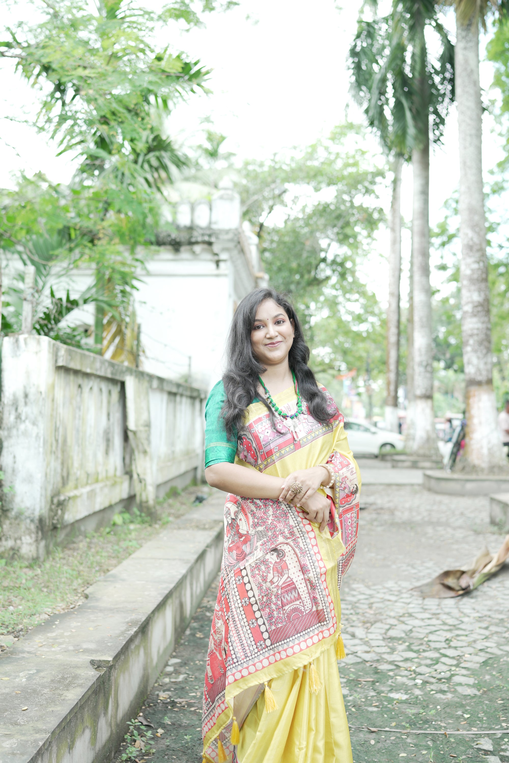 Yellow Pure Tussar Silk Saree with Madhubani Digital Prints