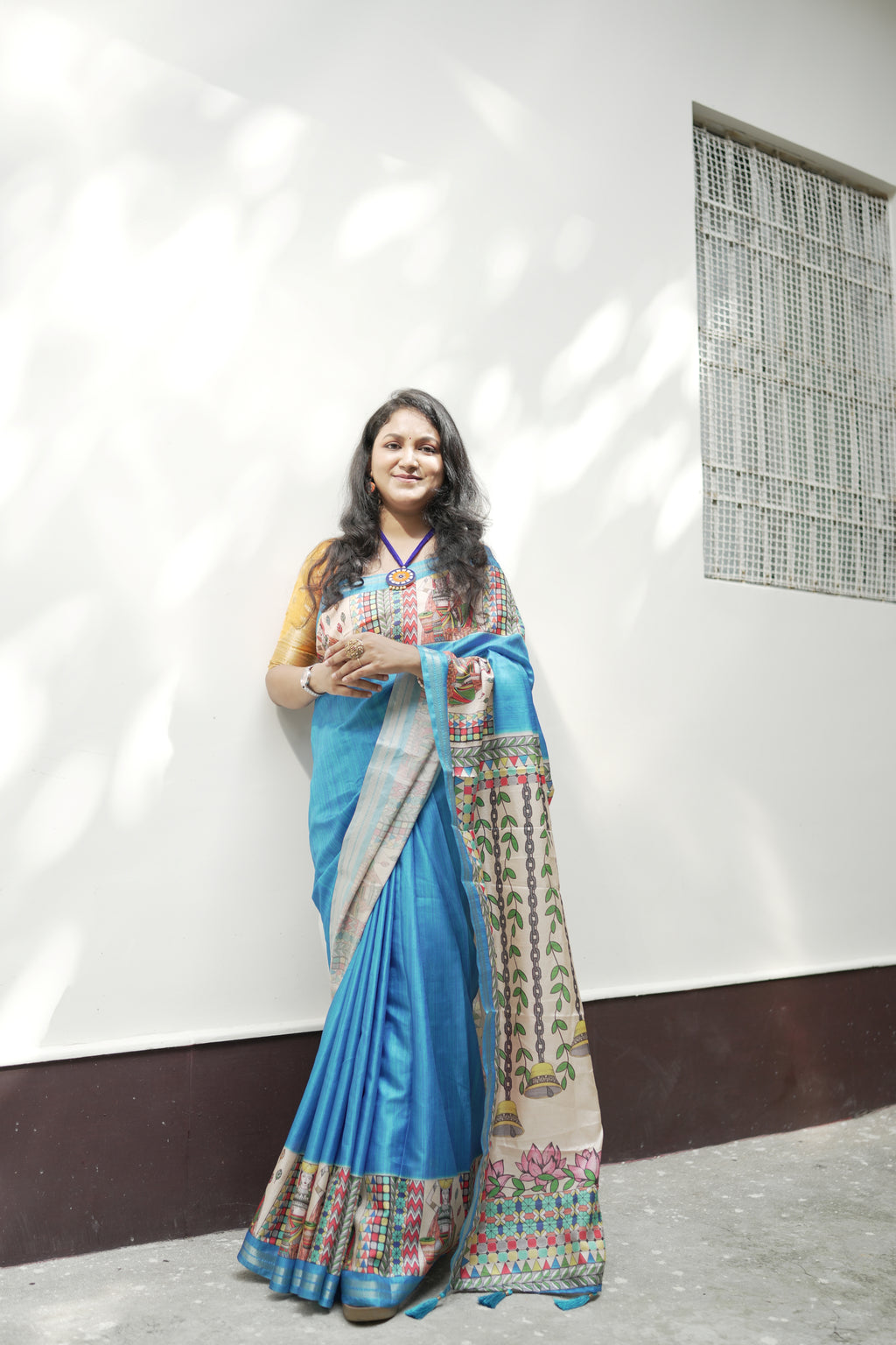 Blue Pure Tussar Silk Saree with Madhubani Digital Prints