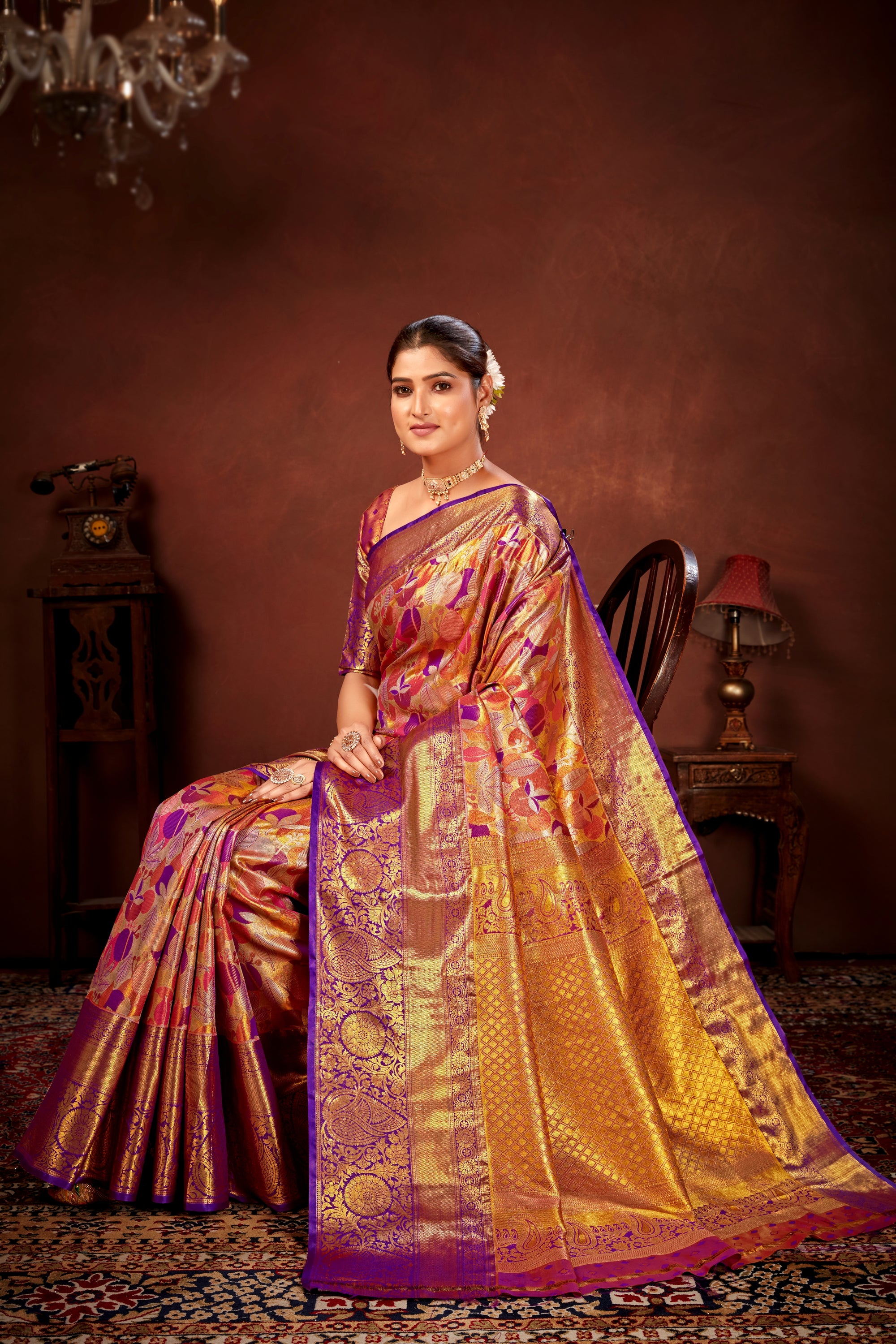 Purple Pure Dharamavaram Silk Saree with Meenakari Zari Weave & Contrast Rich Pallu