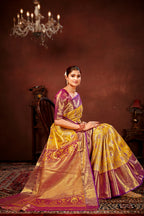 Gold Pure Dharamavaram Silk Saree with Meenakari Zari Weave & Contrast Rich Pallu