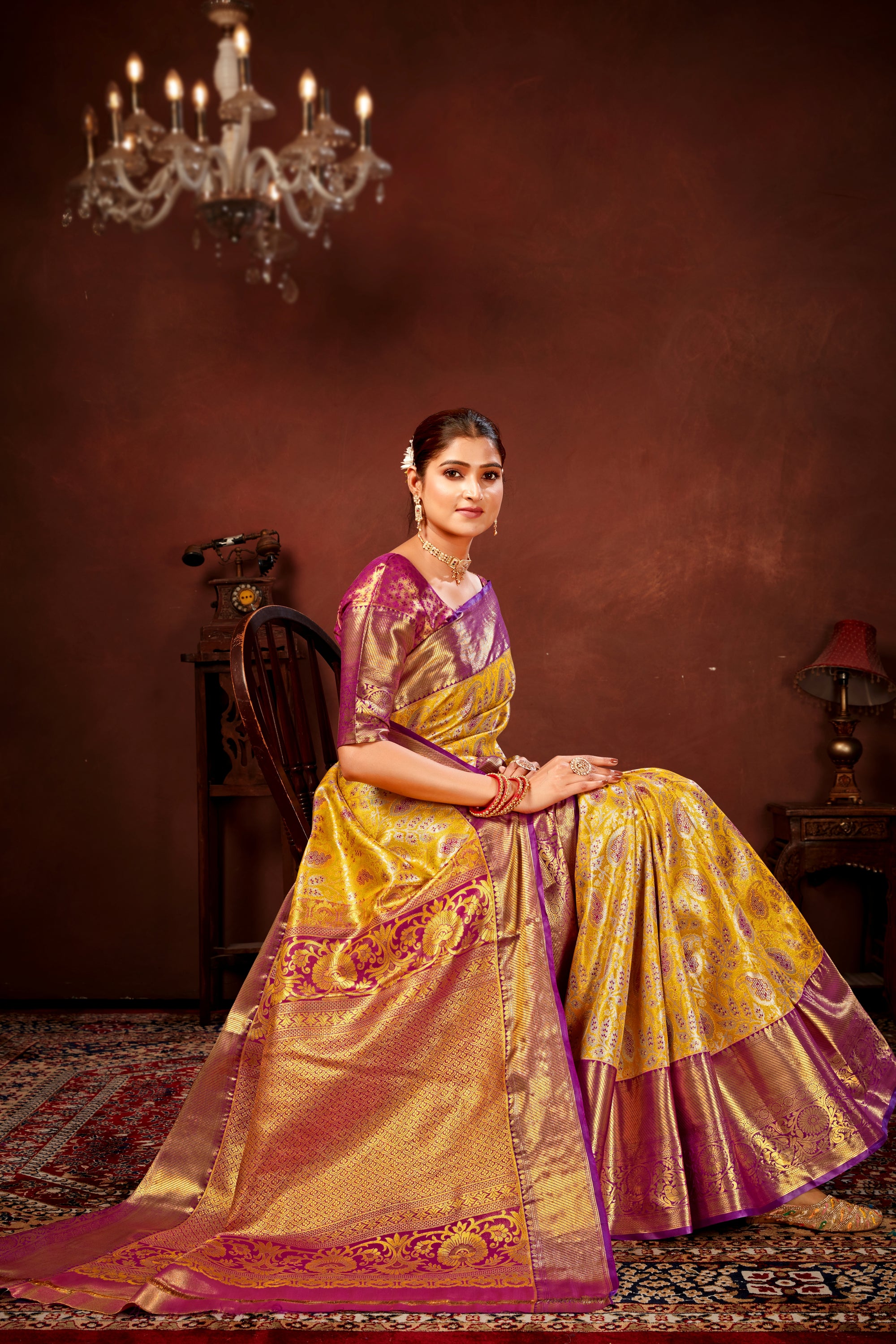 Gold Pure Dharamavaram Silk Saree with Meenakari Zari Weave & Contrast Rich Pallu