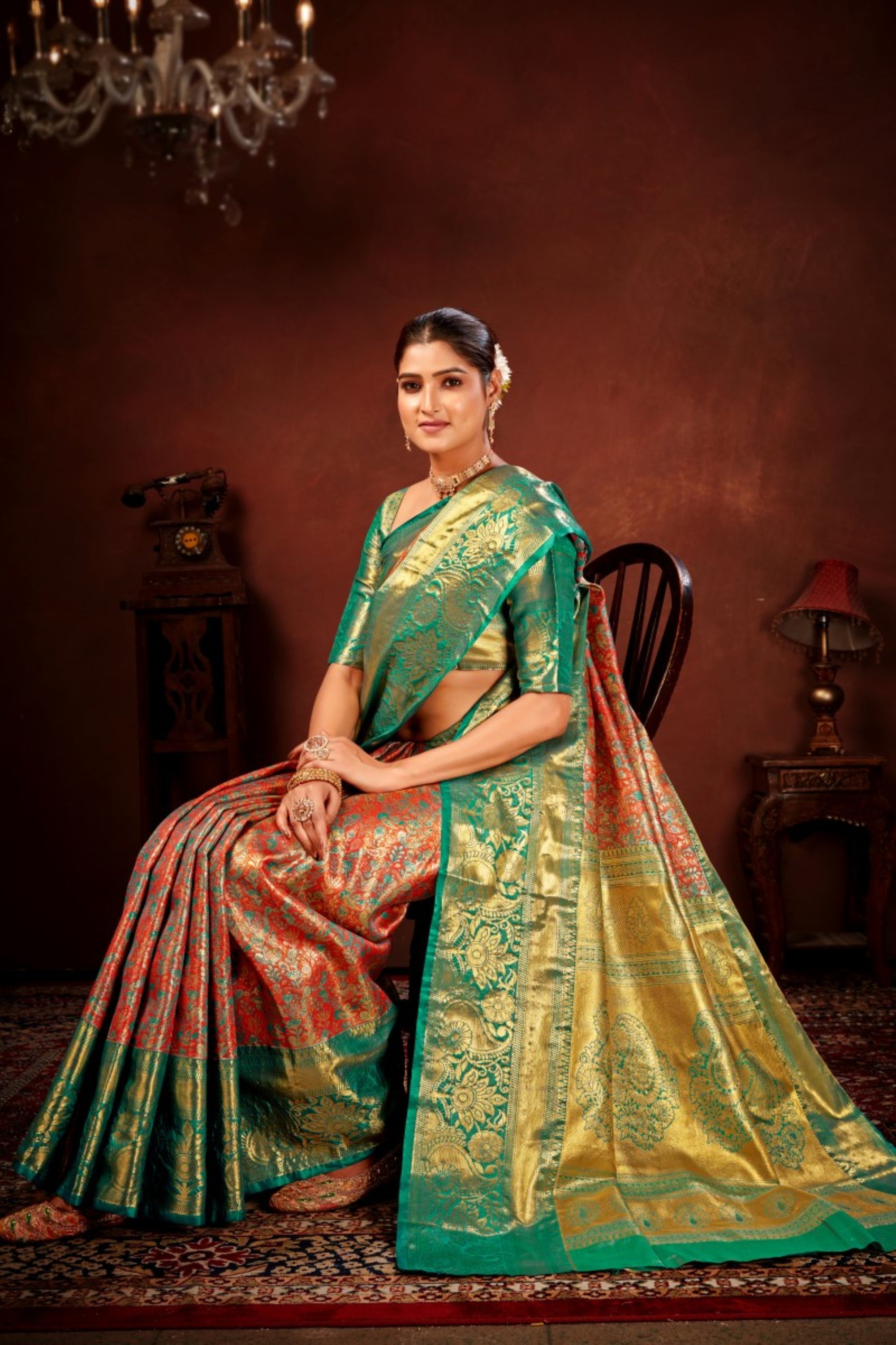 Rustic Orange Pure Dharamavaram Silk Saree with Meenakari Zari Weave & Contrast Rich Pallu