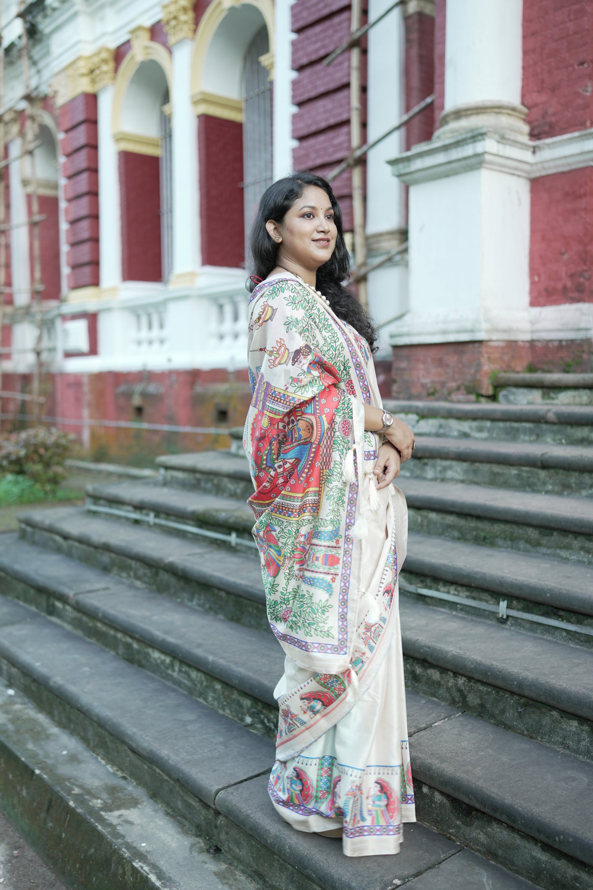 Cream Pure Tussar Silk Saree with Madhubani Digital Prints