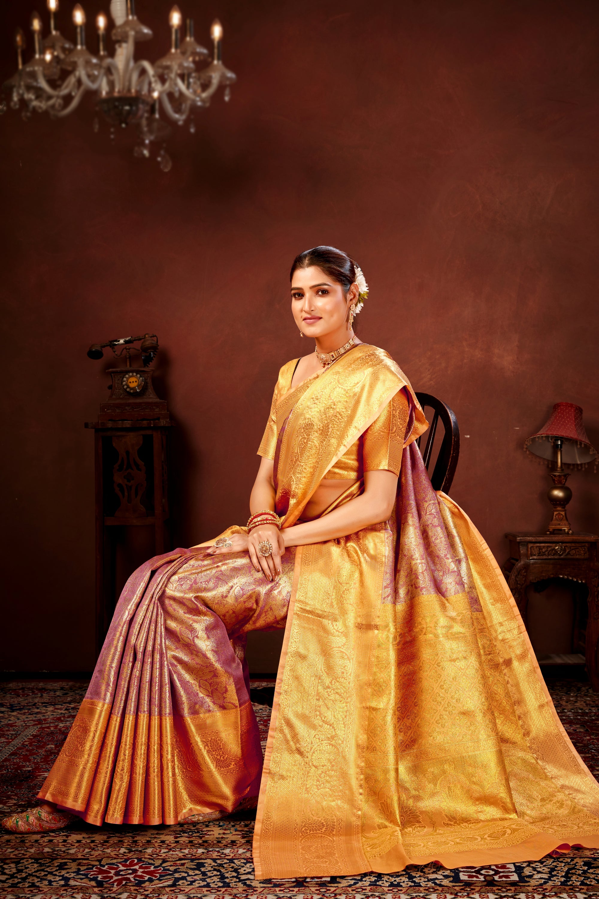 Mauve Pink Pure Dharamavaram Silk Saree with Meenakari Zari Weave & Contrast Rich Pallu