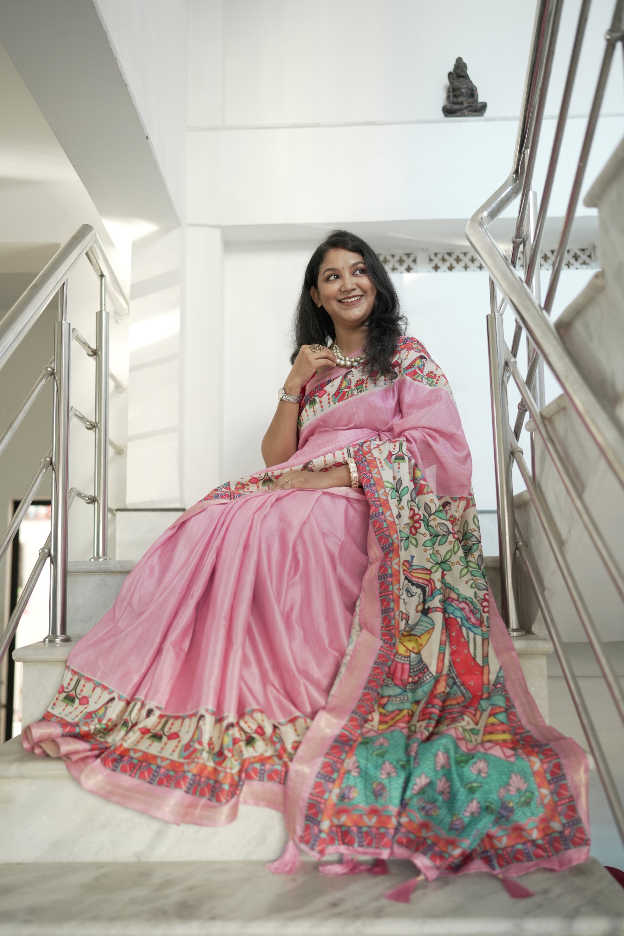 Pink Pure Tussar Silk Saree with Madhubani Digital Prints