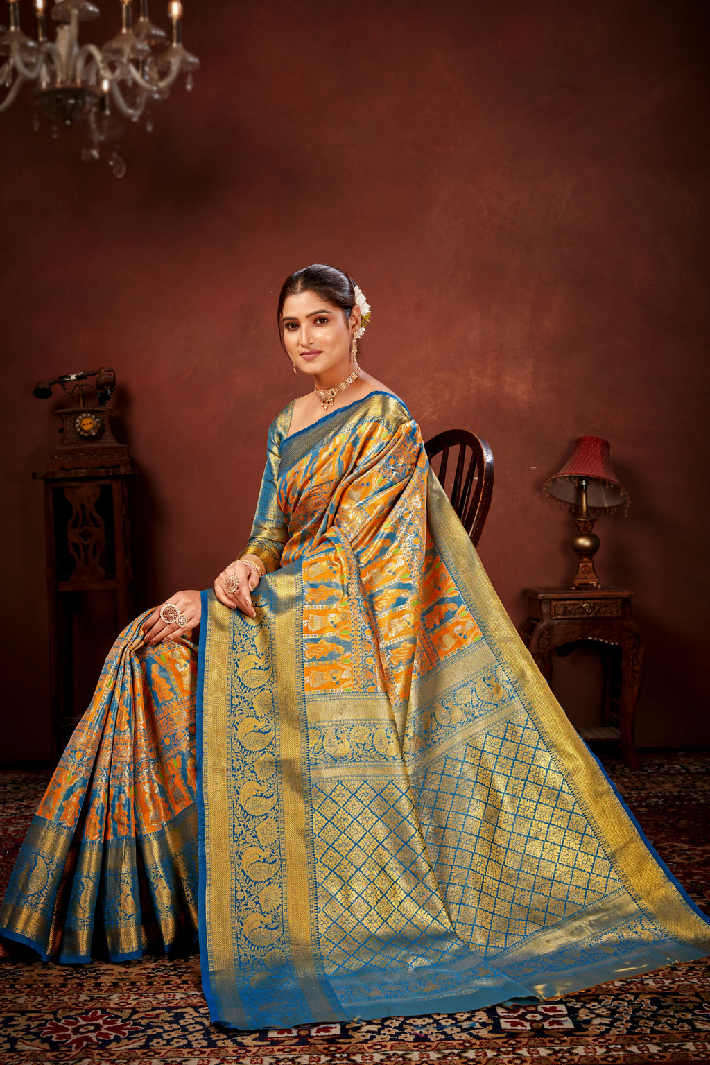 Mustard Pure Dharamavaram Silk Saree with Meenakari Zari Weave & Contrast Rich Pallu