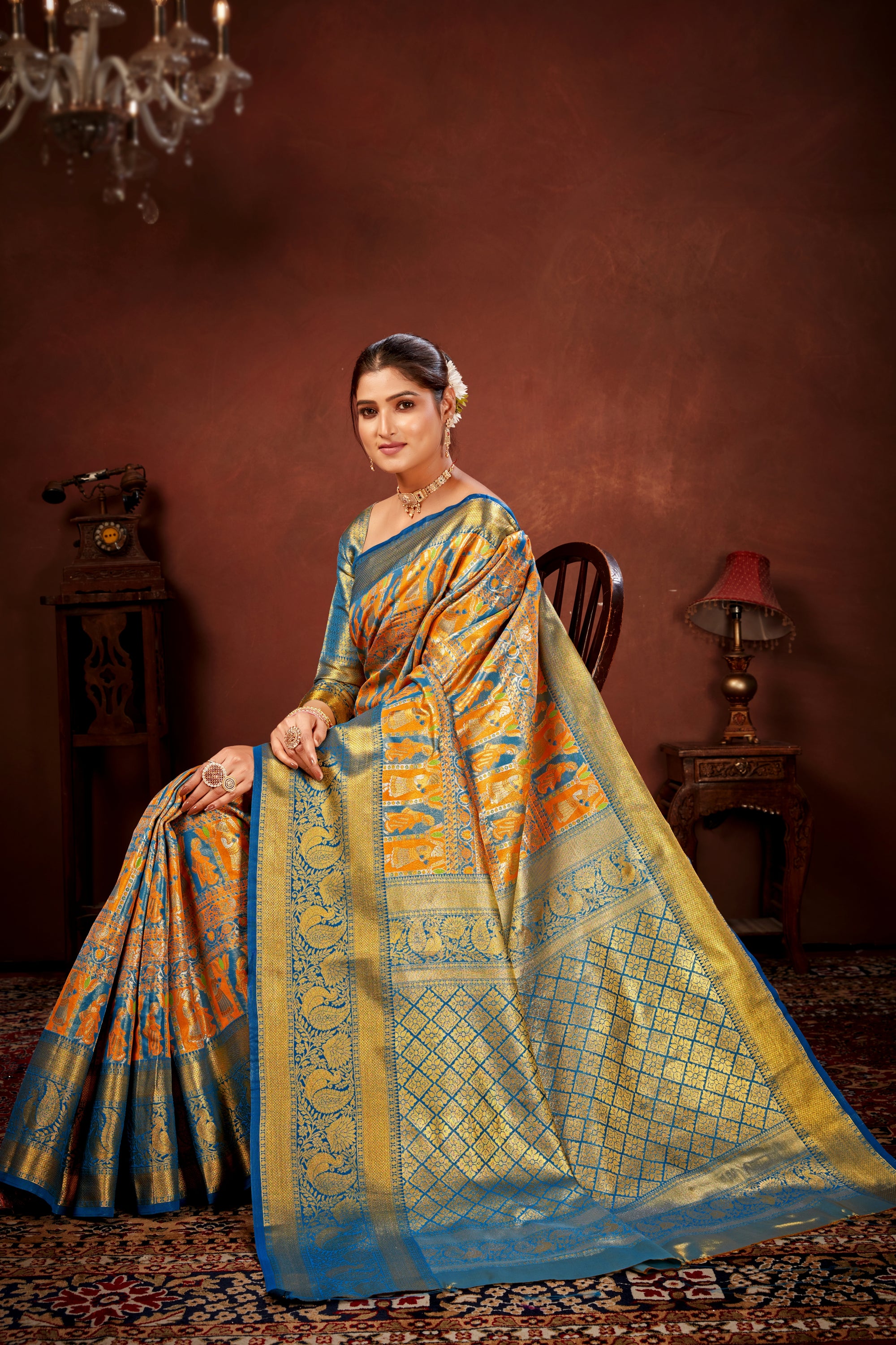 Mustard Pure Dharamavaram Silk Saree with Meenakari Zari Weave & Contrast Rich Pallu