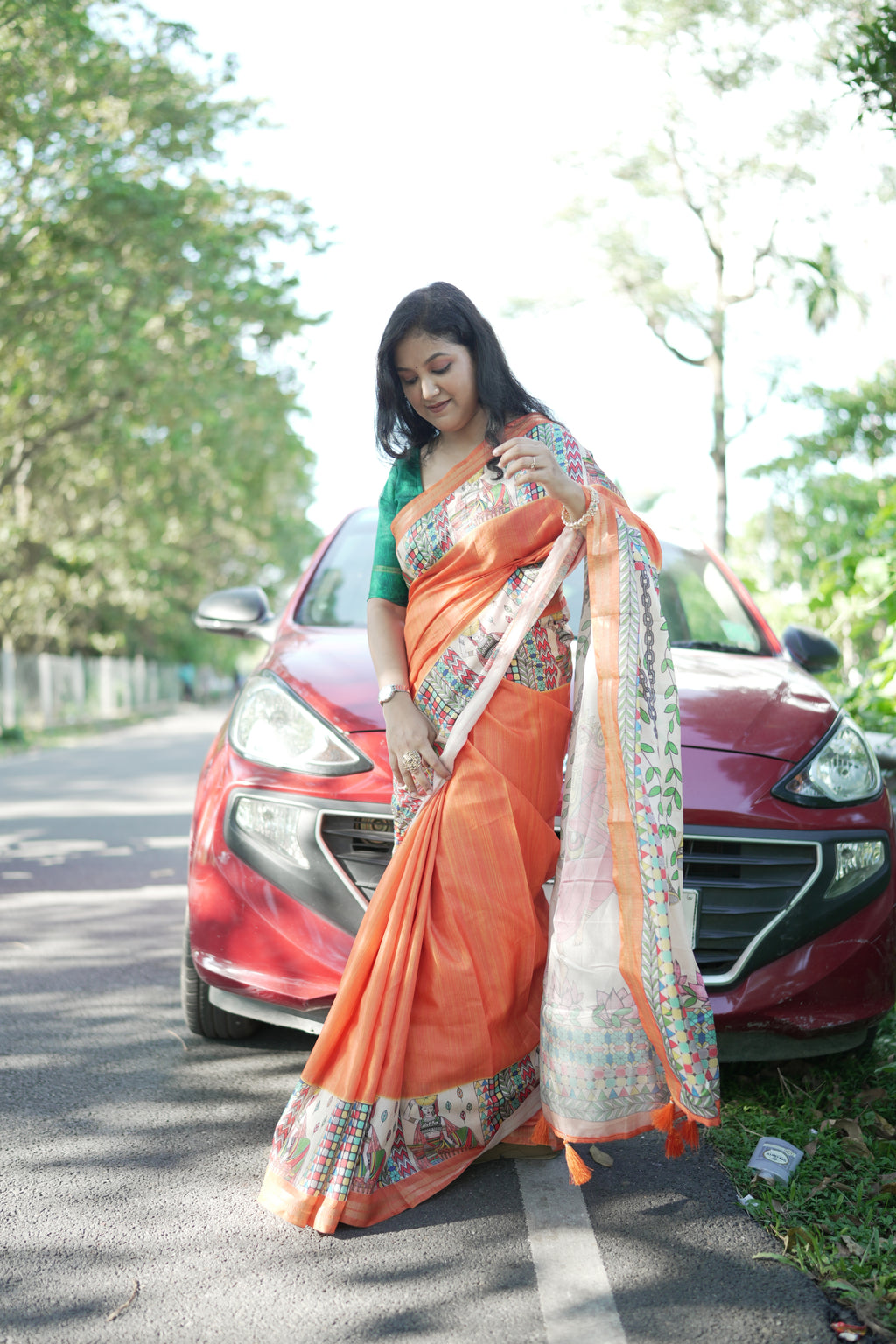Orange Pure Tussar Silk Saree with Madhubani Digital Prints