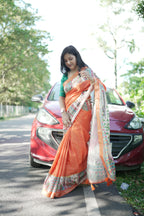 Orange Pure Tussar Silk Saree with Madhubani Digital Prints