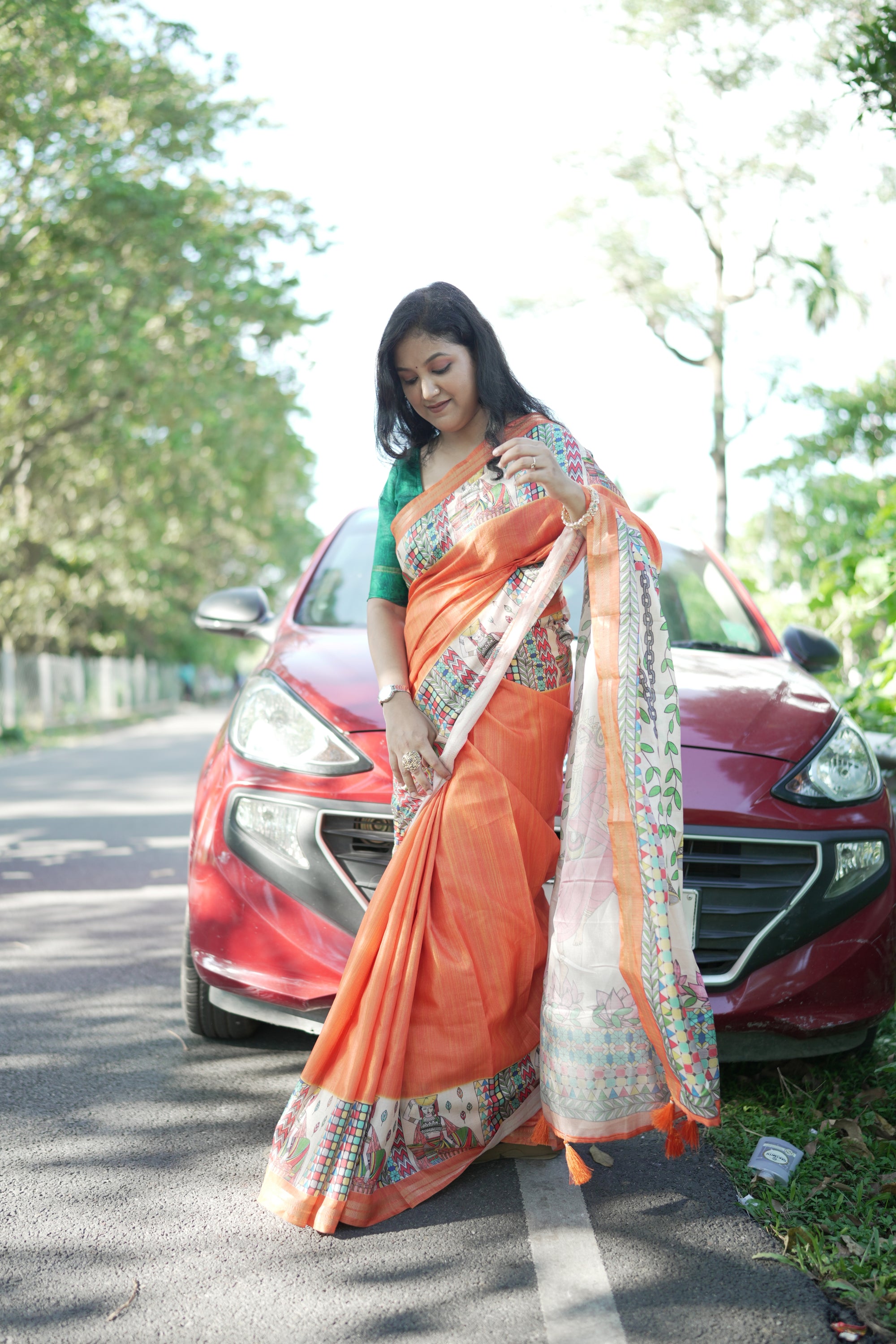 Orange Pure Tussar Silk Saree with Madhubani Digital Prints