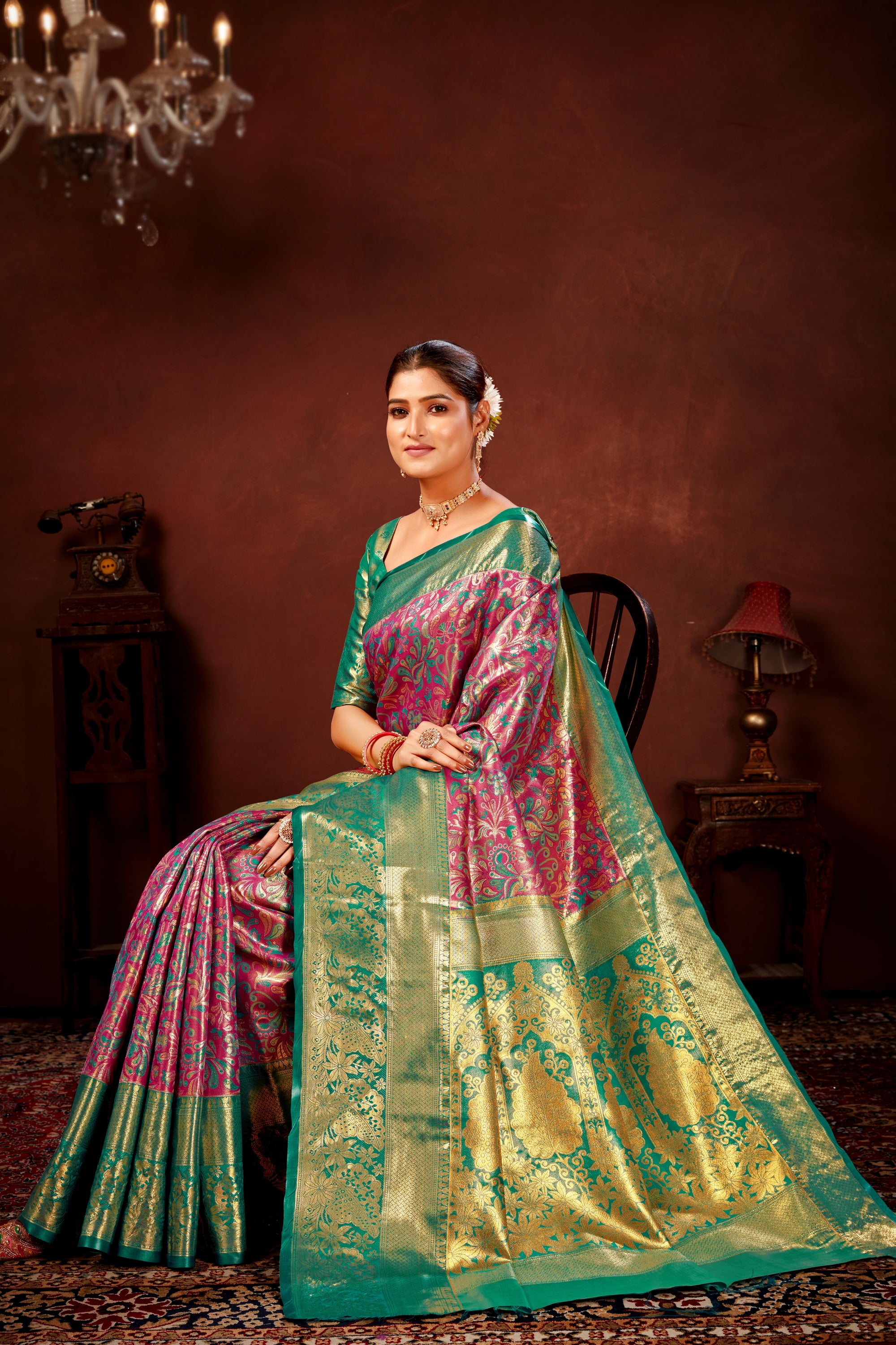 Magenta Pure Dharamavaram Silk Saree with Meenakari Zari Weave & Contrast Rich Pallu