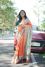 Orange Pure Tussar Silk Saree with Madhubani Digital Prints