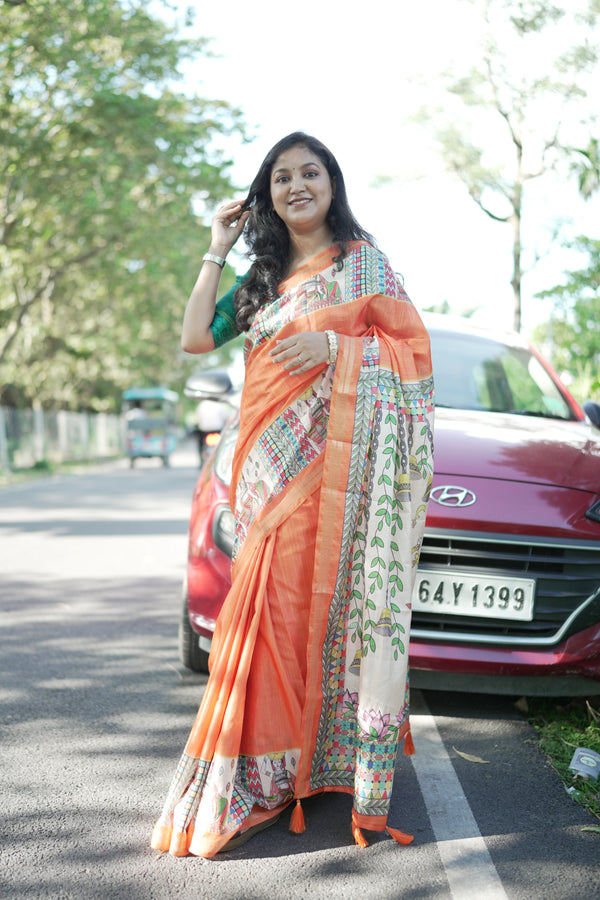 Orange Pure Tussar Silk Saree with Madhubani Digital Prints