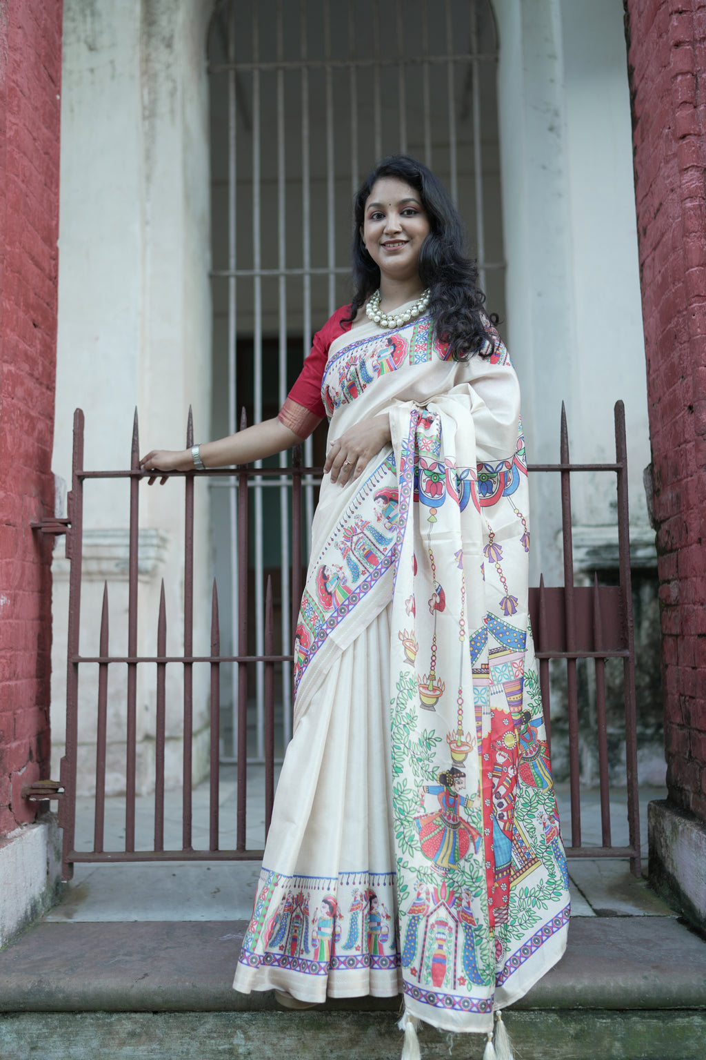 Cream Pure Tussar Silk Saree with Madhubani Digital Prints