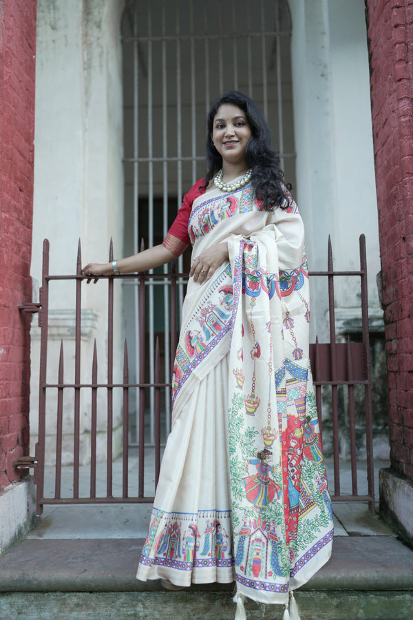 Cream Pure Tussar Silk Saree with Madhubani Digital Prints