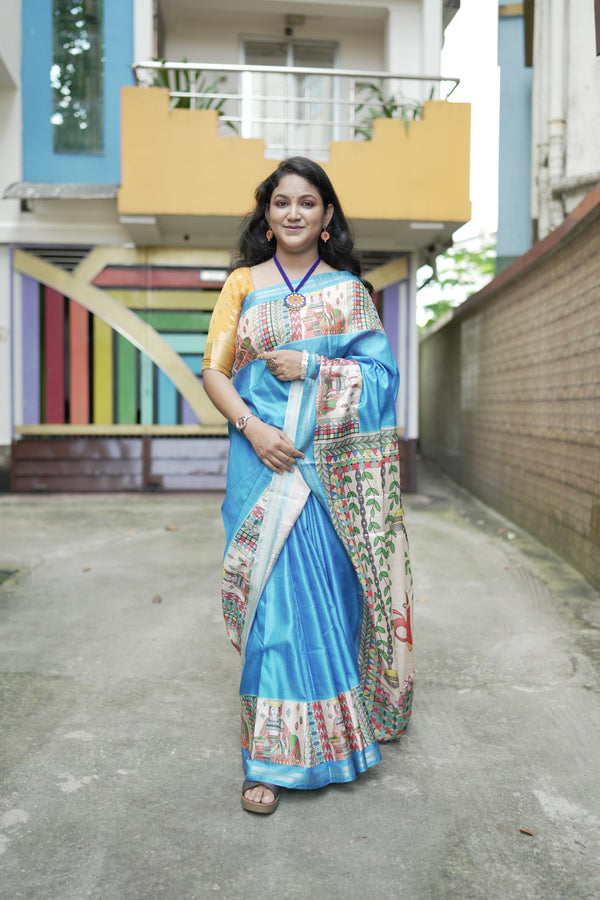 Blue Pure Tussar Silk Saree with Madhubani Digital Prints