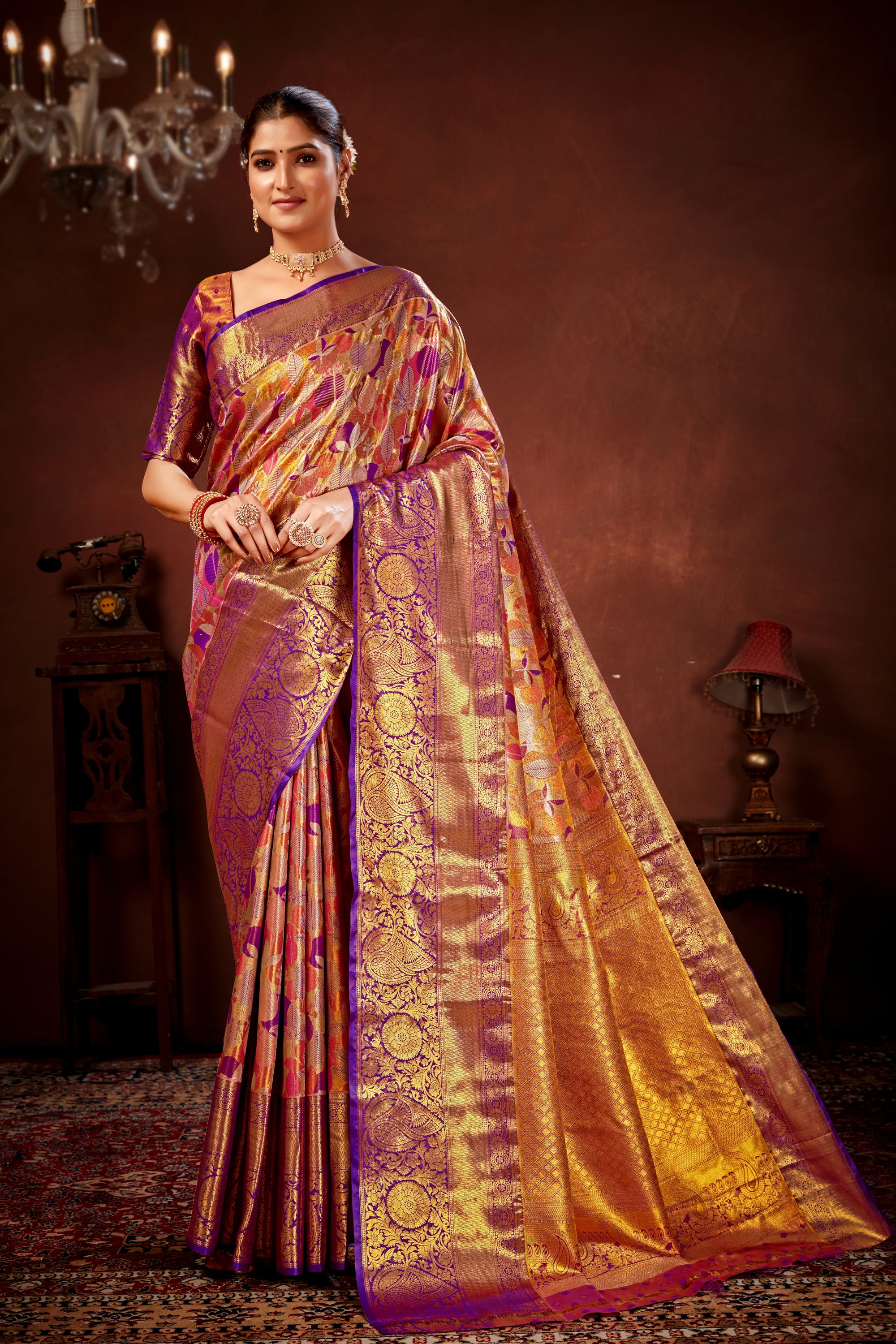 Purple Pure Dharamavaram Silk Saree with Meenakari Zari Weave & Contrast Rich Pallu