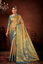 Mustard Pure Dharamavaram Silk Saree with Meenakari Zari Weave & Contrast Rich Pallu