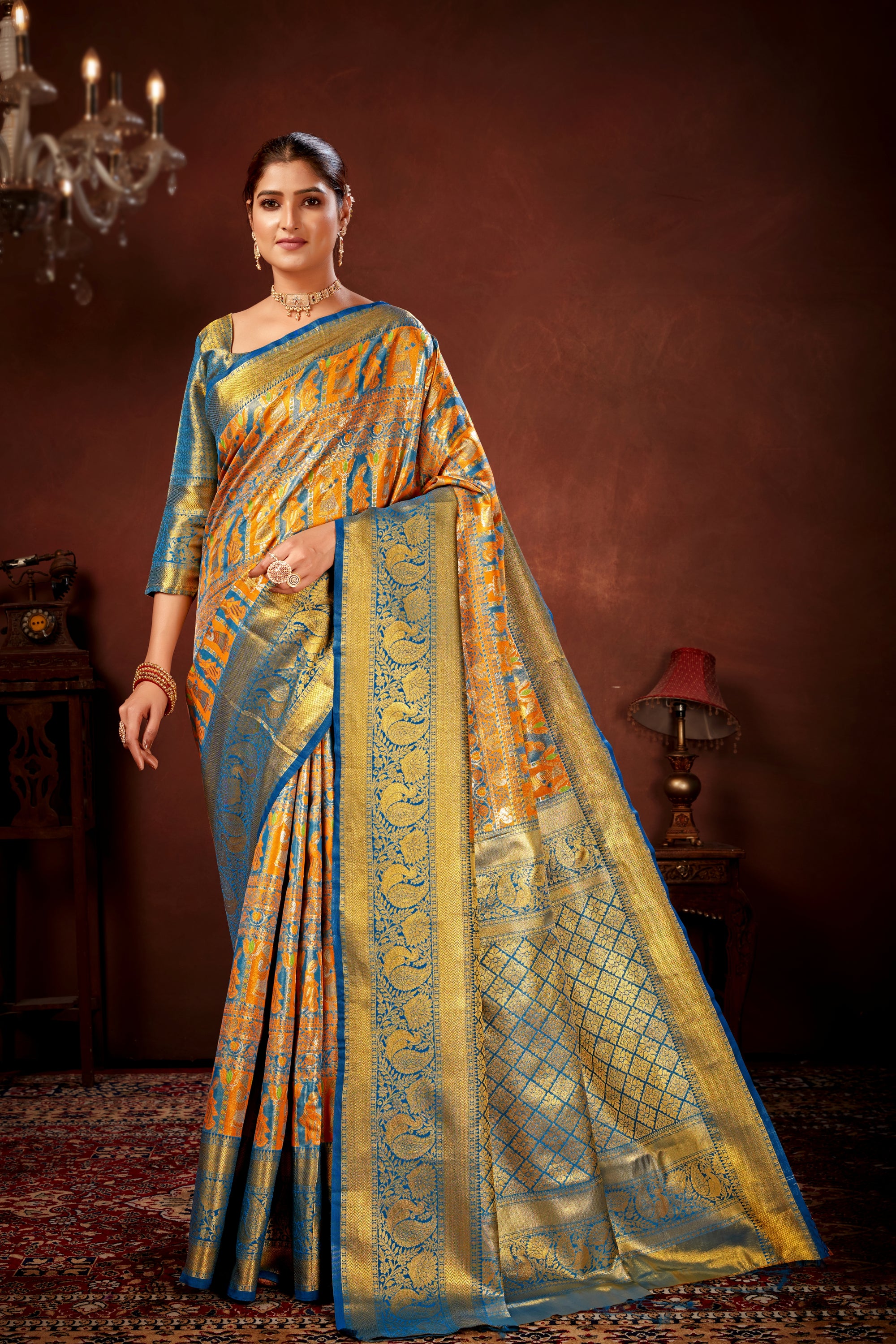 Mustard Pure Dharamavaram Silk Saree with Meenakari Zari Weave & Contrast Rich Pallu