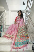 Pink Pure Tussar Silk Saree with Madhubani Digital Prints
