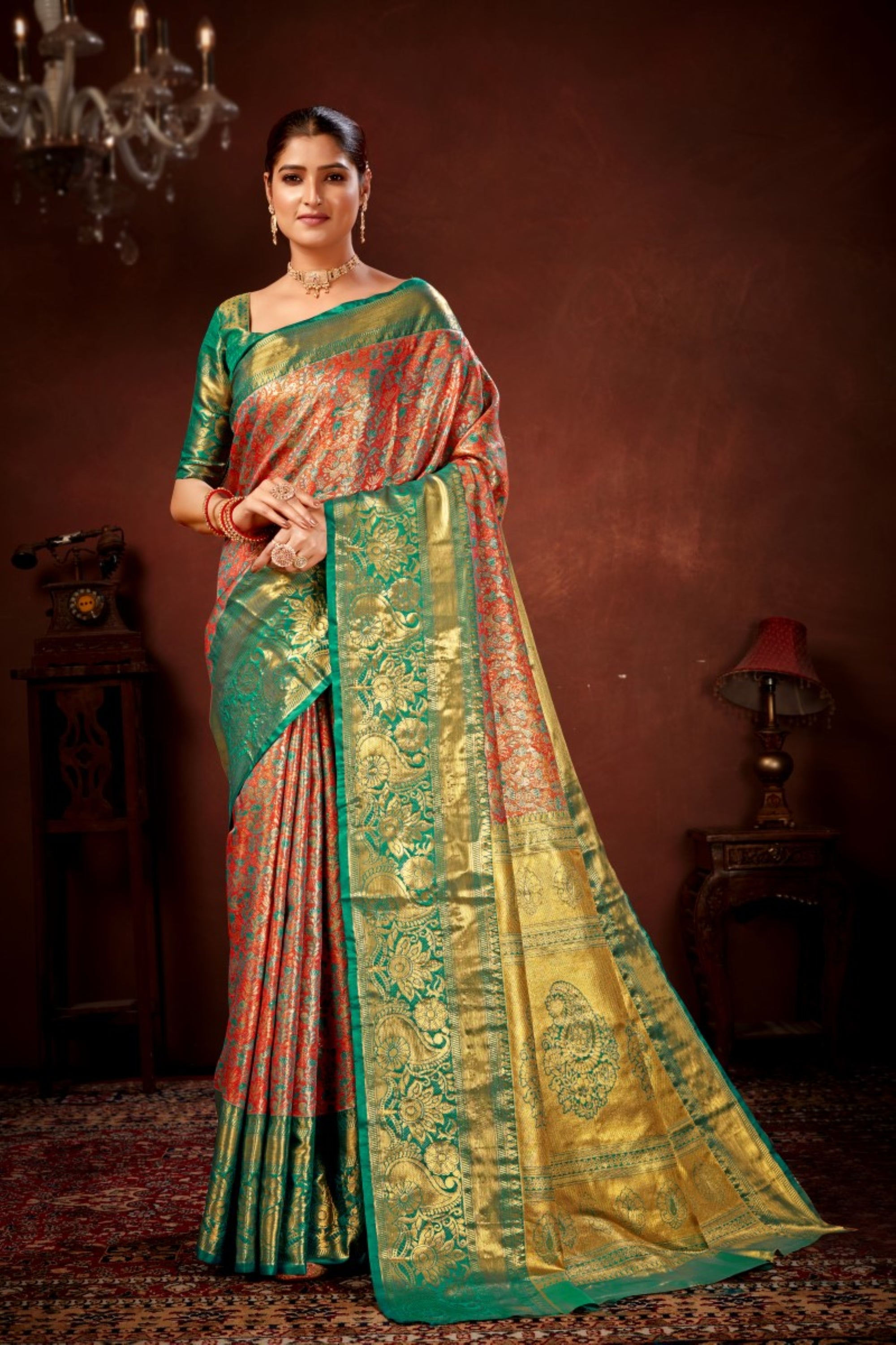 Rustic Orange Pure Dharamavaram Silk Saree with Meenakari Zari Weave & Contrast Rich Pallu