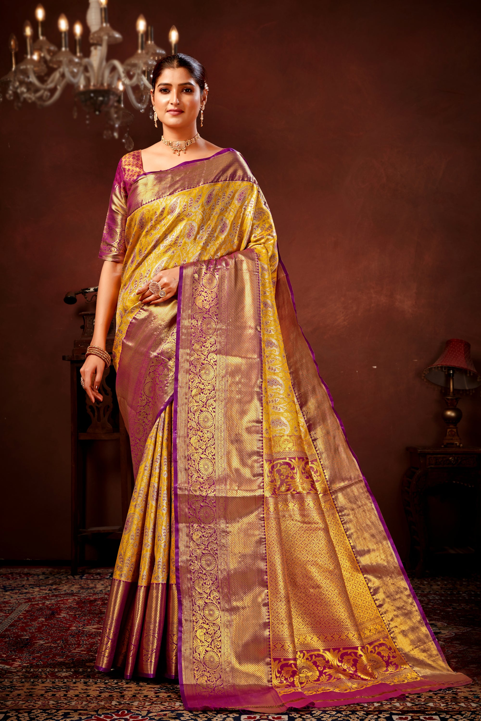Gold Pure Dharamavaram Silk Saree with Meenakari Zari Weave & Contrast Rich Pallu